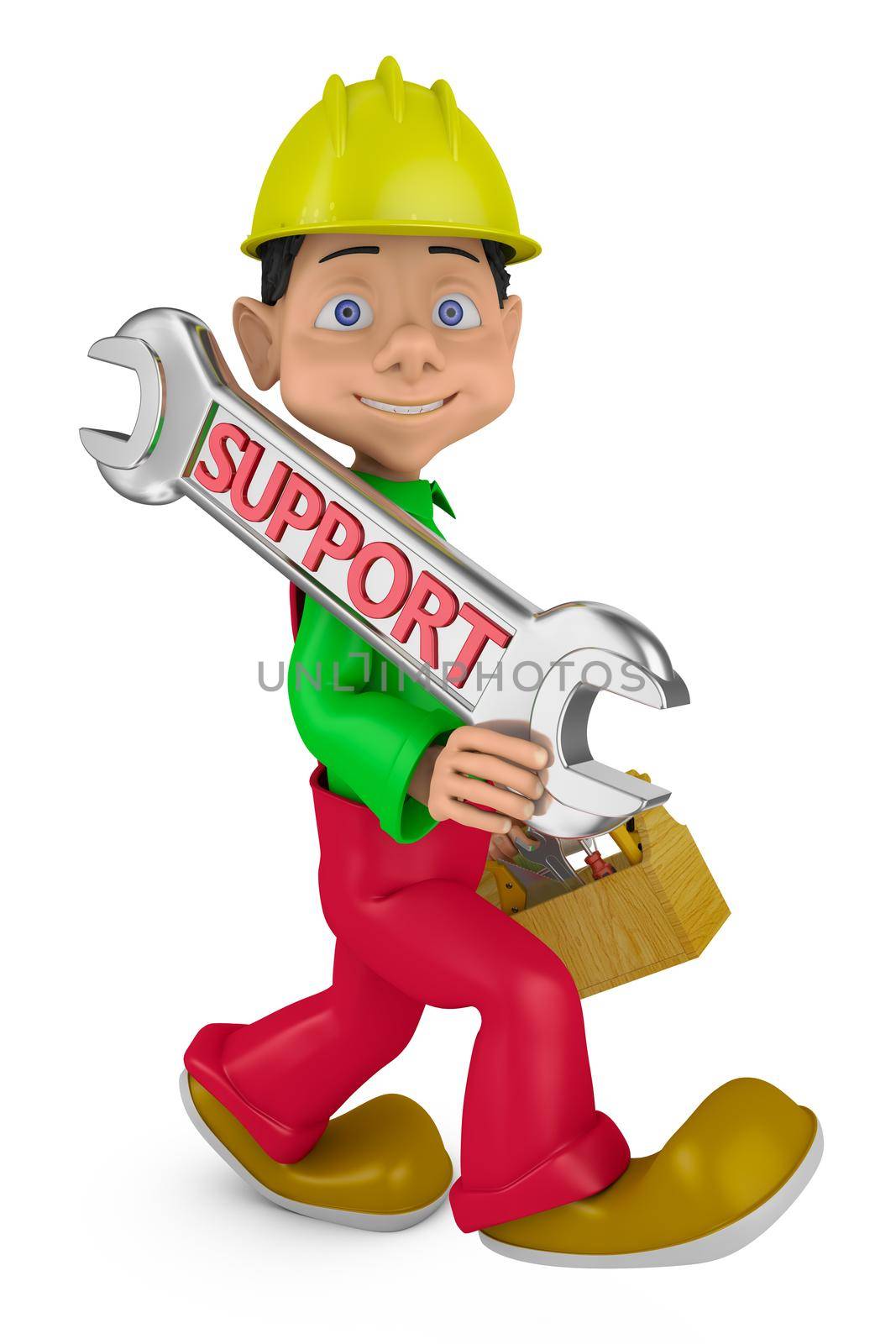 cheerful character with a helmet on his head and a wrench with the inscription support