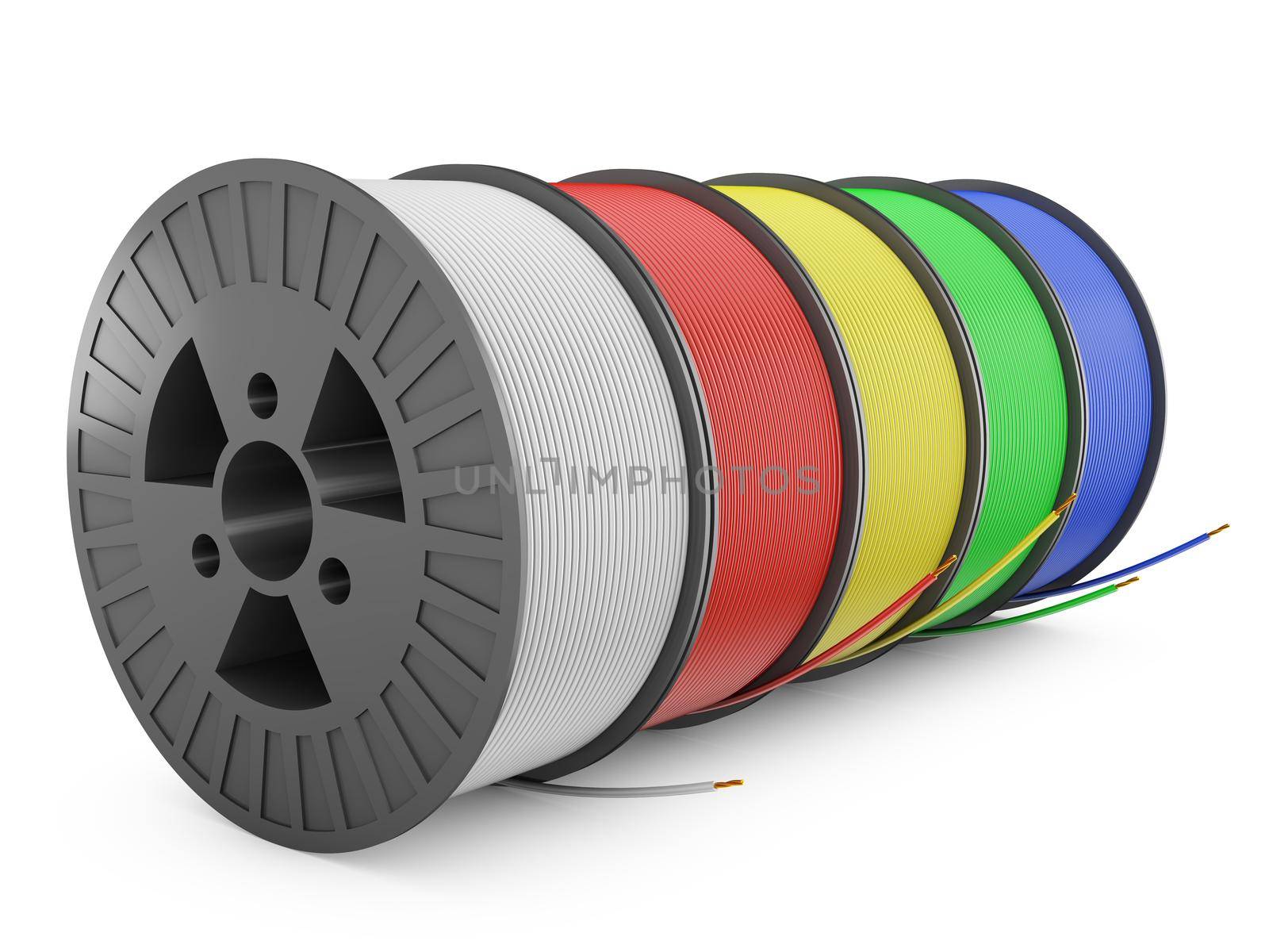 Five plastic reel with colored wires, 3d render
