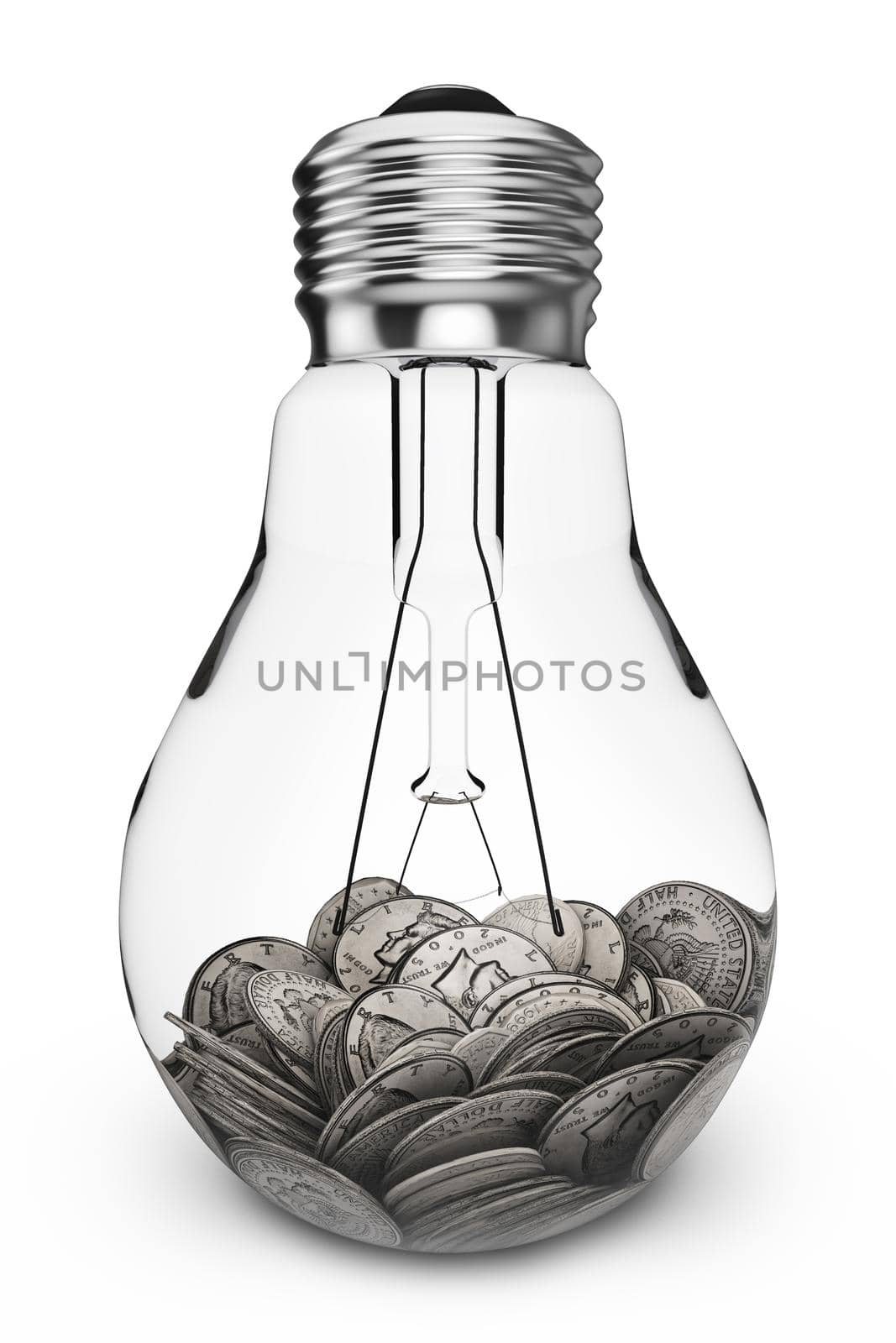 coins inside a the filament lamp bulb