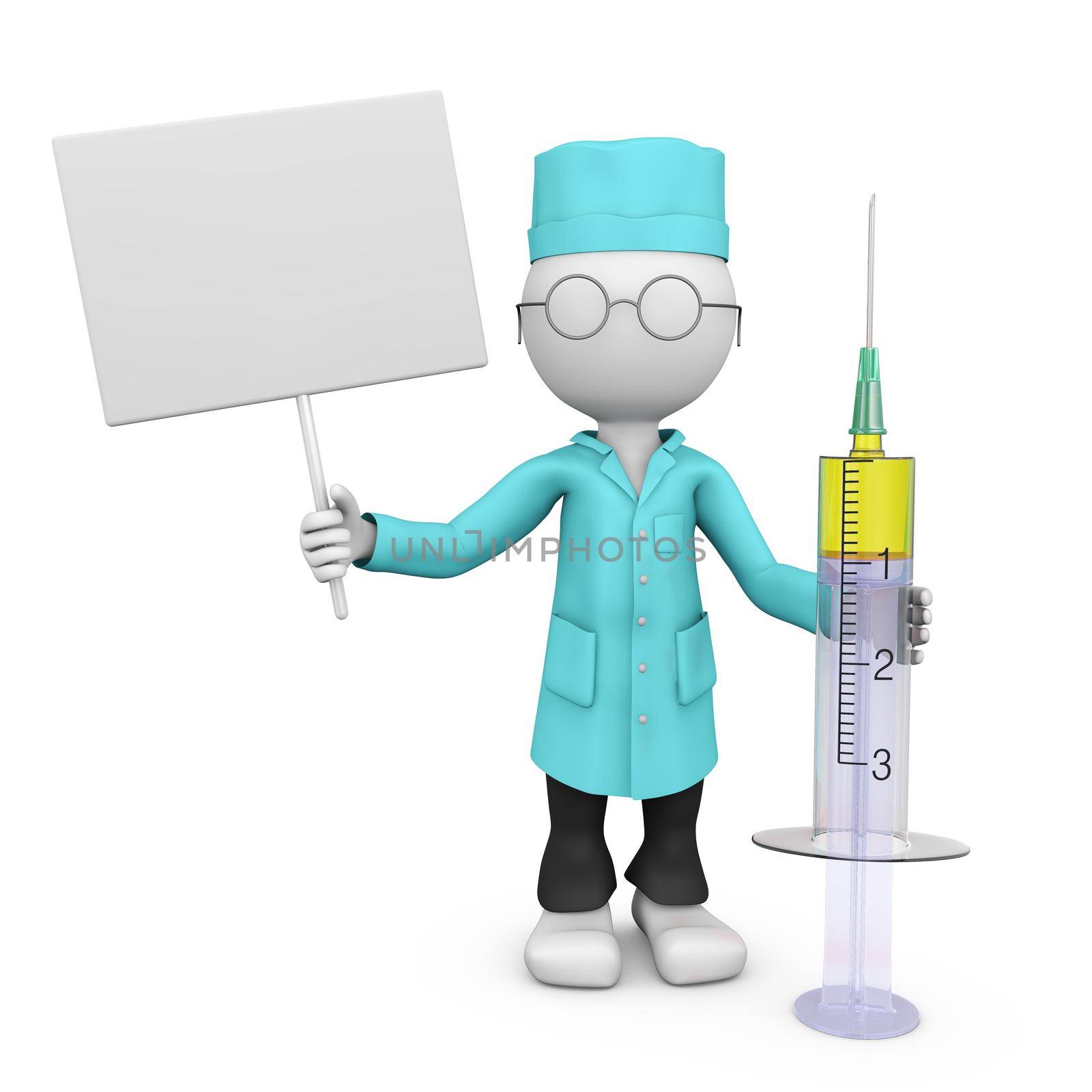 Doctor with a signboard and a syringe with medicine