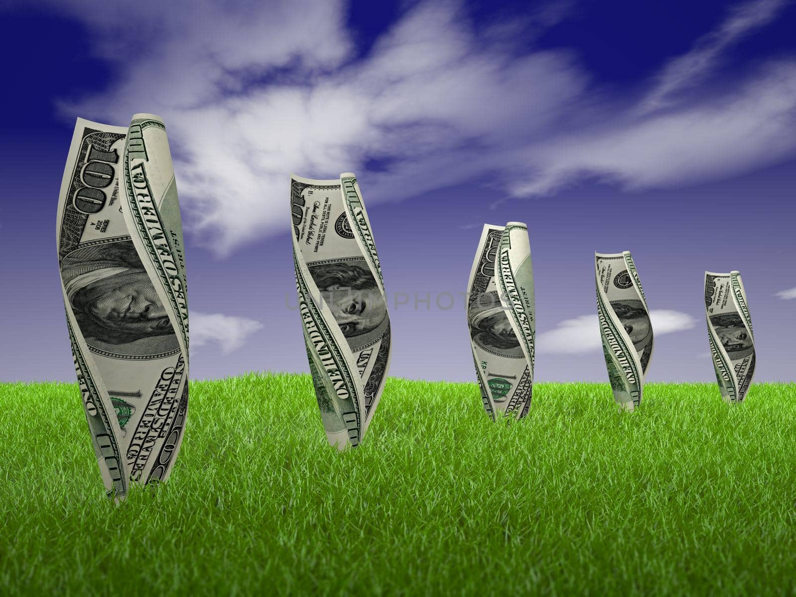 dollar bills and the grass on a sky background