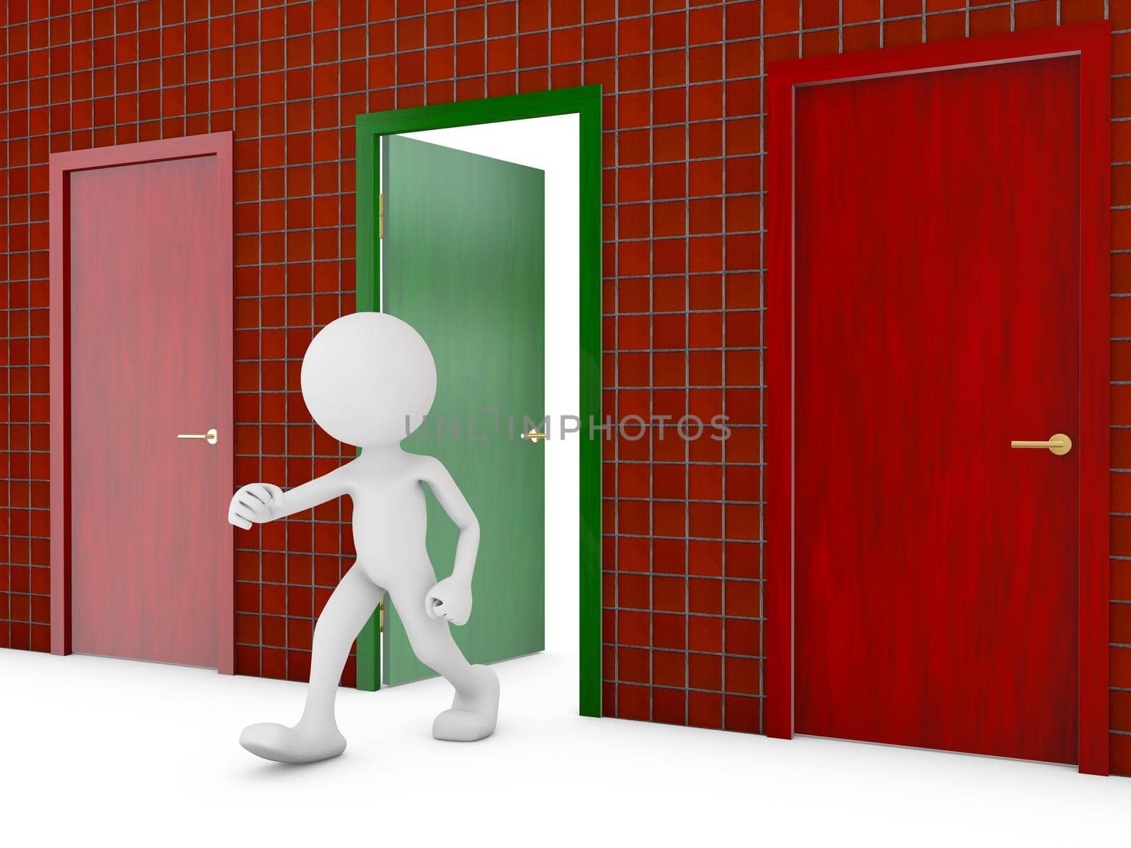 man passes through the green door, 3d render