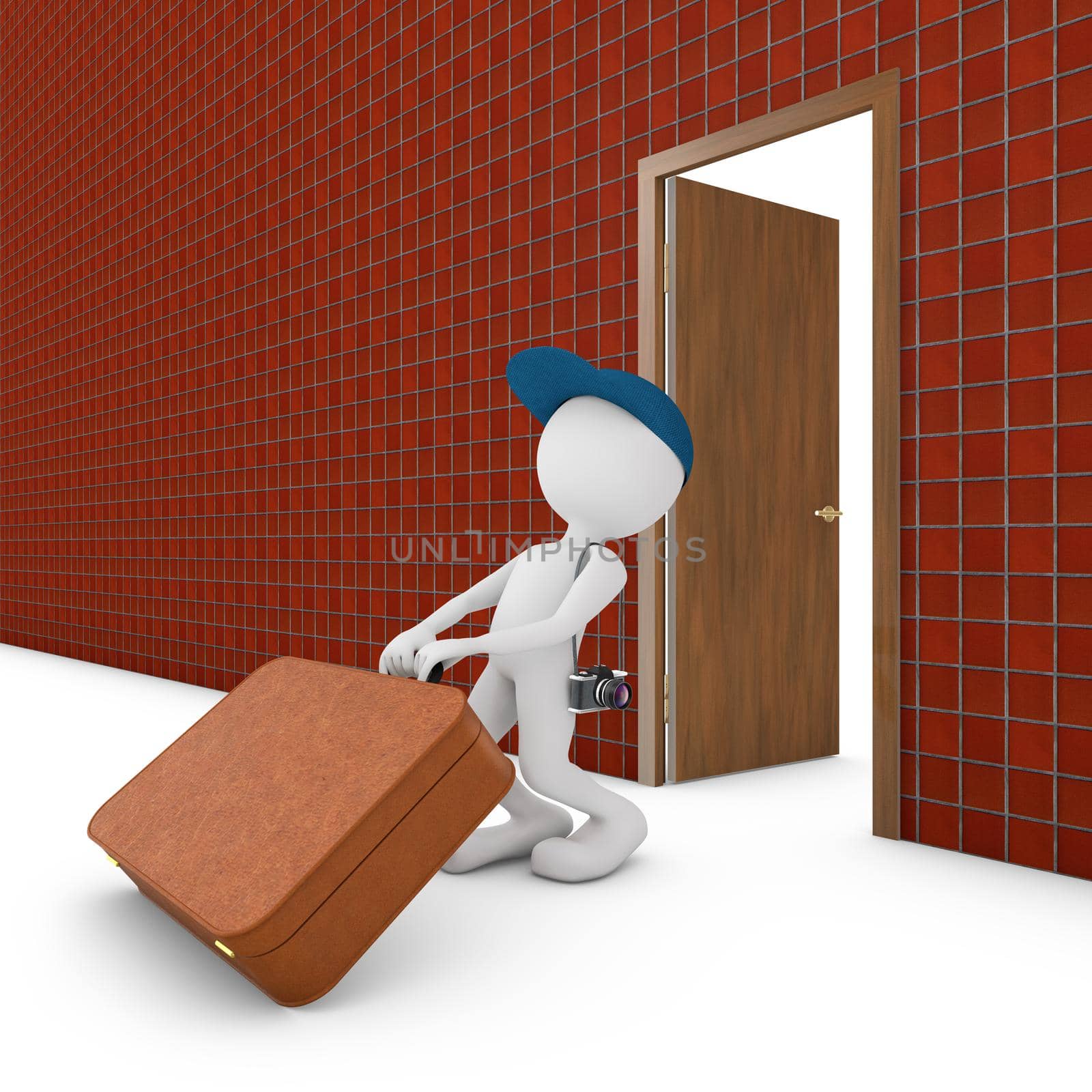 man with suitcase at the door 3d render