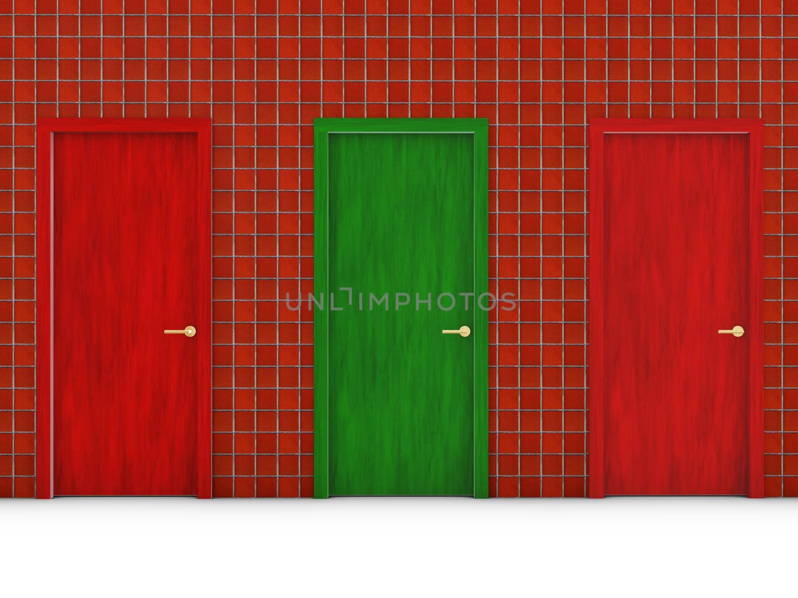 green door and two red doors in the wall tiles