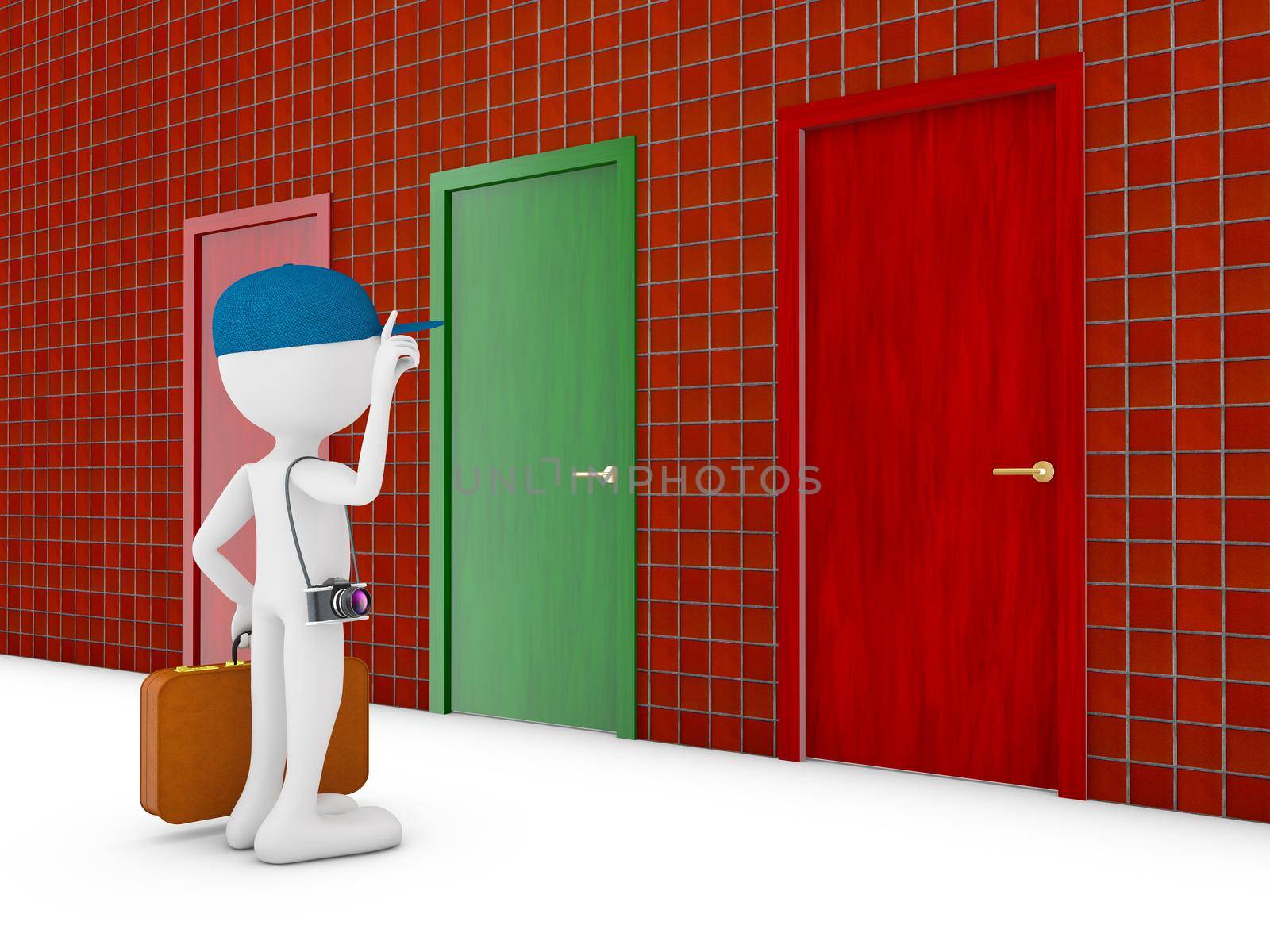 man with suitcase at the door 3d render