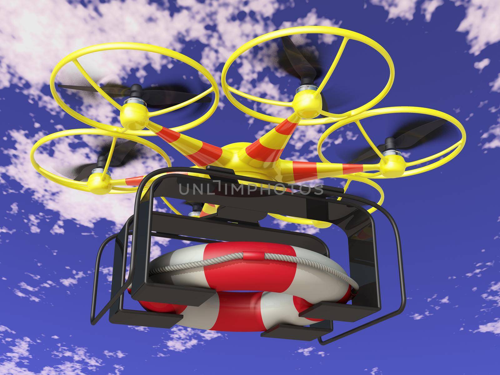 Yellow flying drone transports the lifebuoy on the sky background