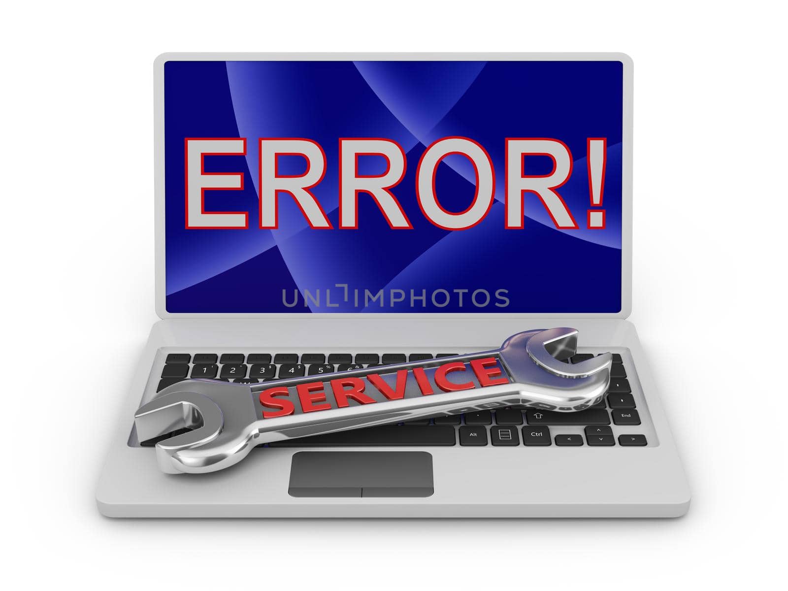 Error - Message on a laptop screen and a wrench with an inscription service