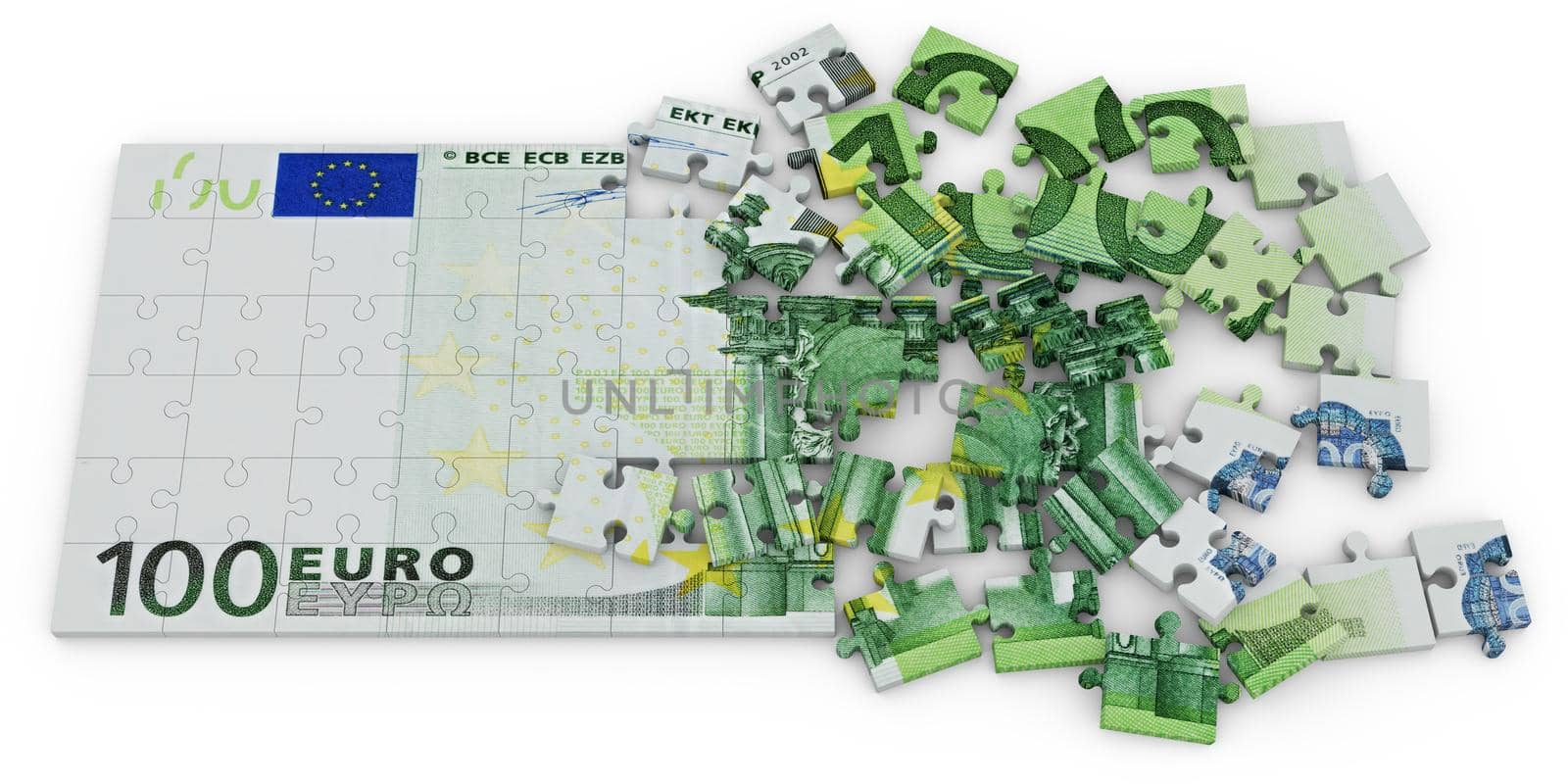 puzzle with the image of euro banknotes on a white background