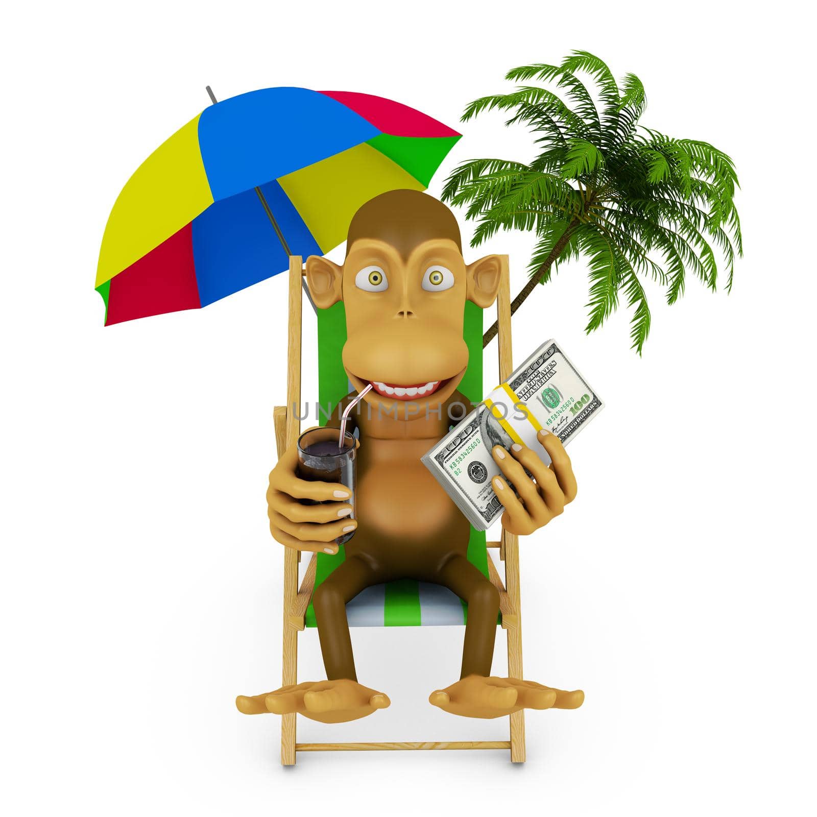 funny monkey in a chair with a cocktail and a pack of dollars