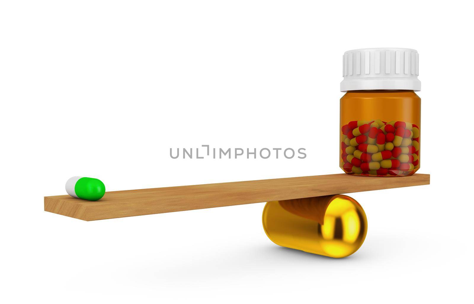 Capsule and bottle with capsules teetering on wooden board that rests on big gold capsule.