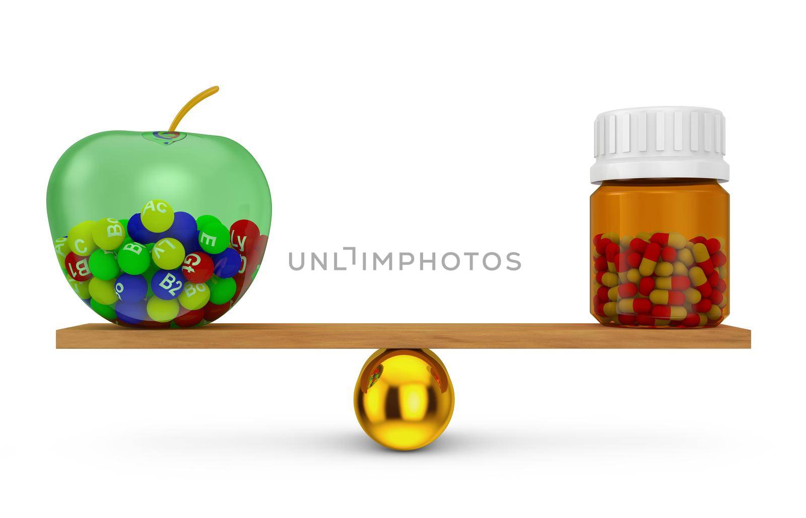 Apple with vitamins and bottle with capsules teetering on wooden board that rests on big gold capsule.