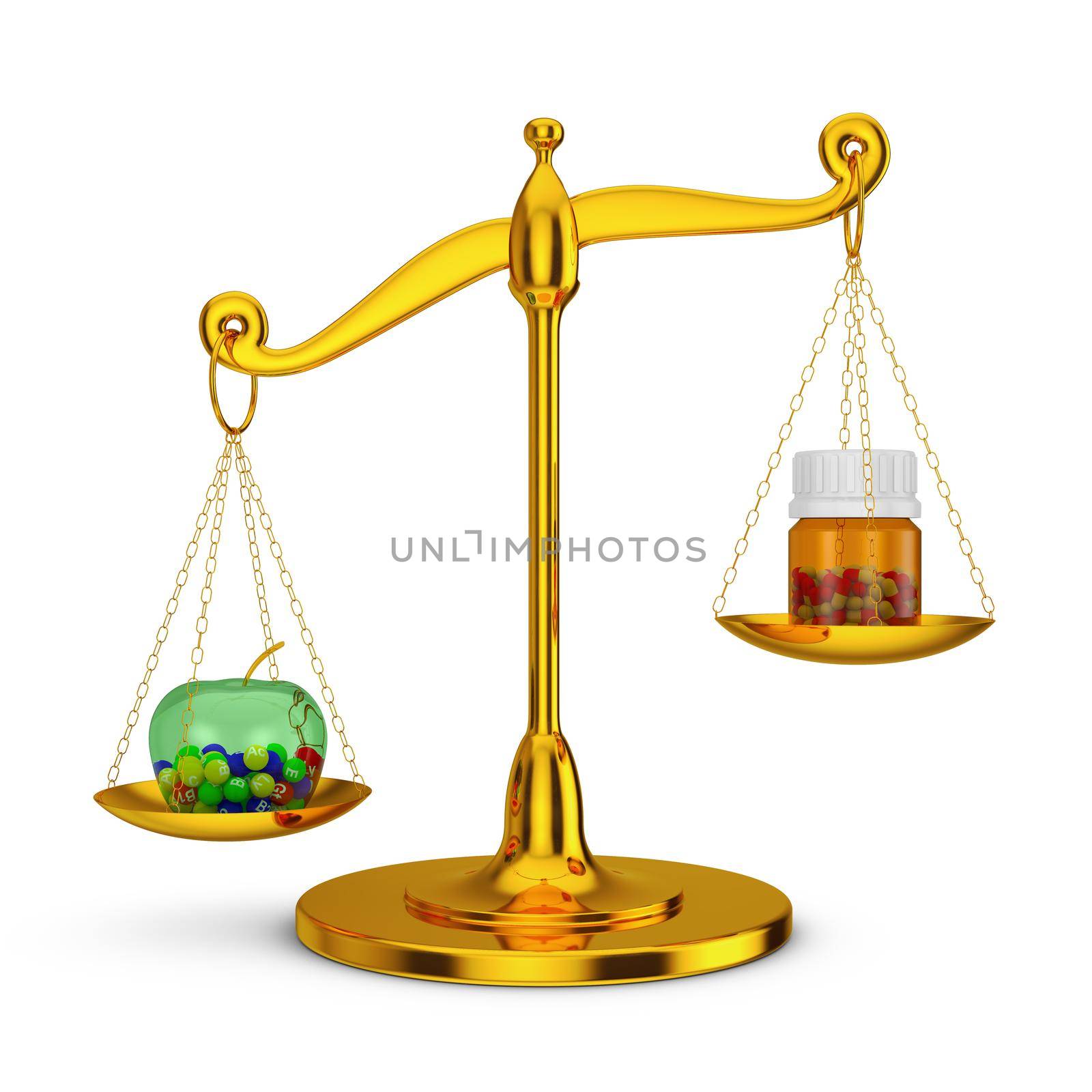 Gold mechanical scales on which are apple with vitamins and bottle with capsules.