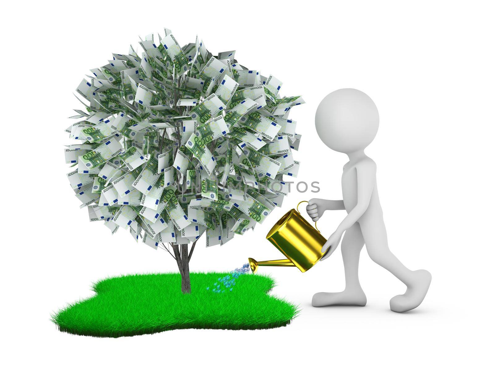 man watering tree with euro bills on the green grass