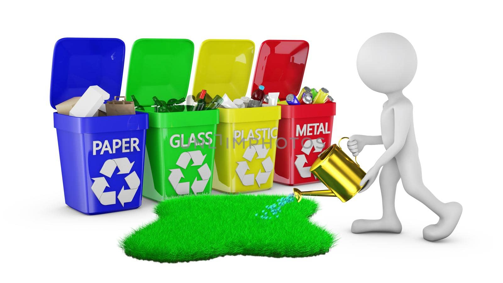 man watering grass in the background bins for rubbish