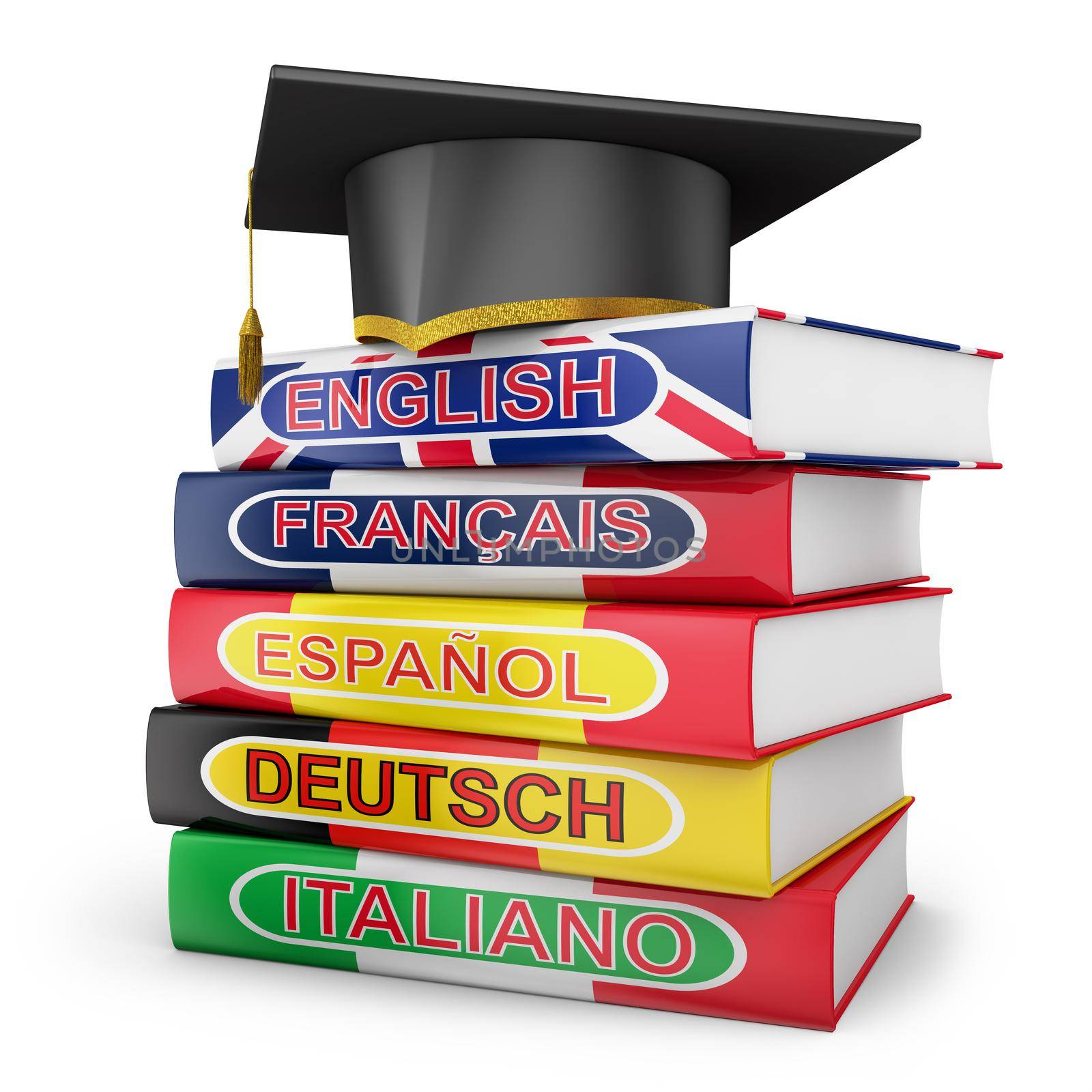 language textbooks with country flags and graduate cap