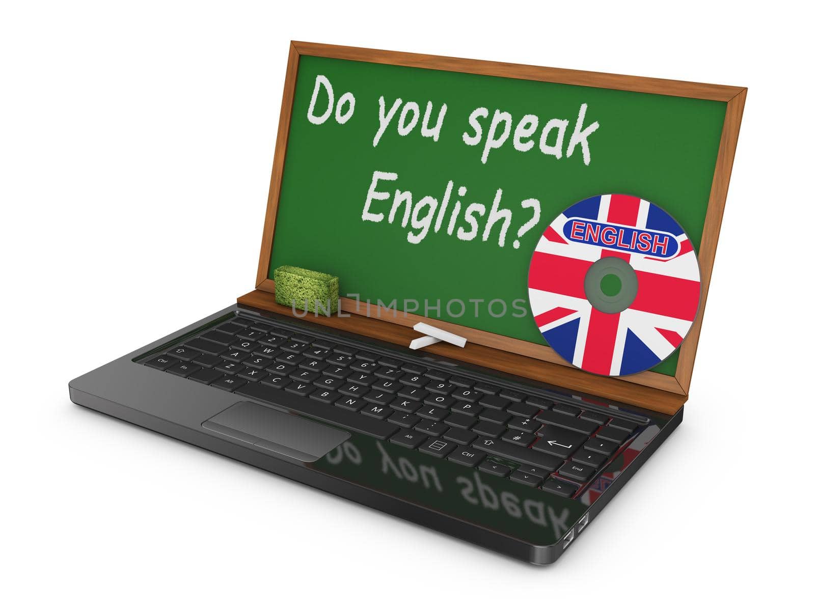Laptop with CD and chalk board instead of the screen on which is written - Do you speak English?