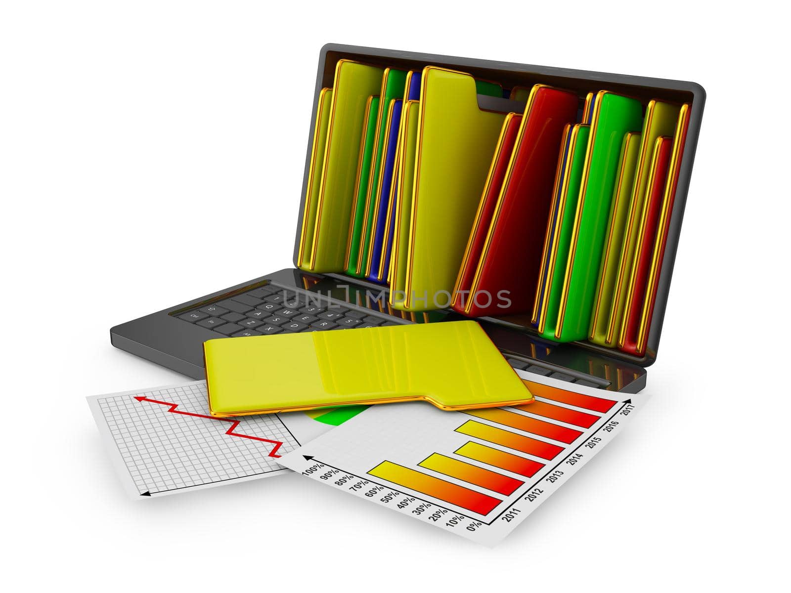 Laptop with folders and sheets with infographics