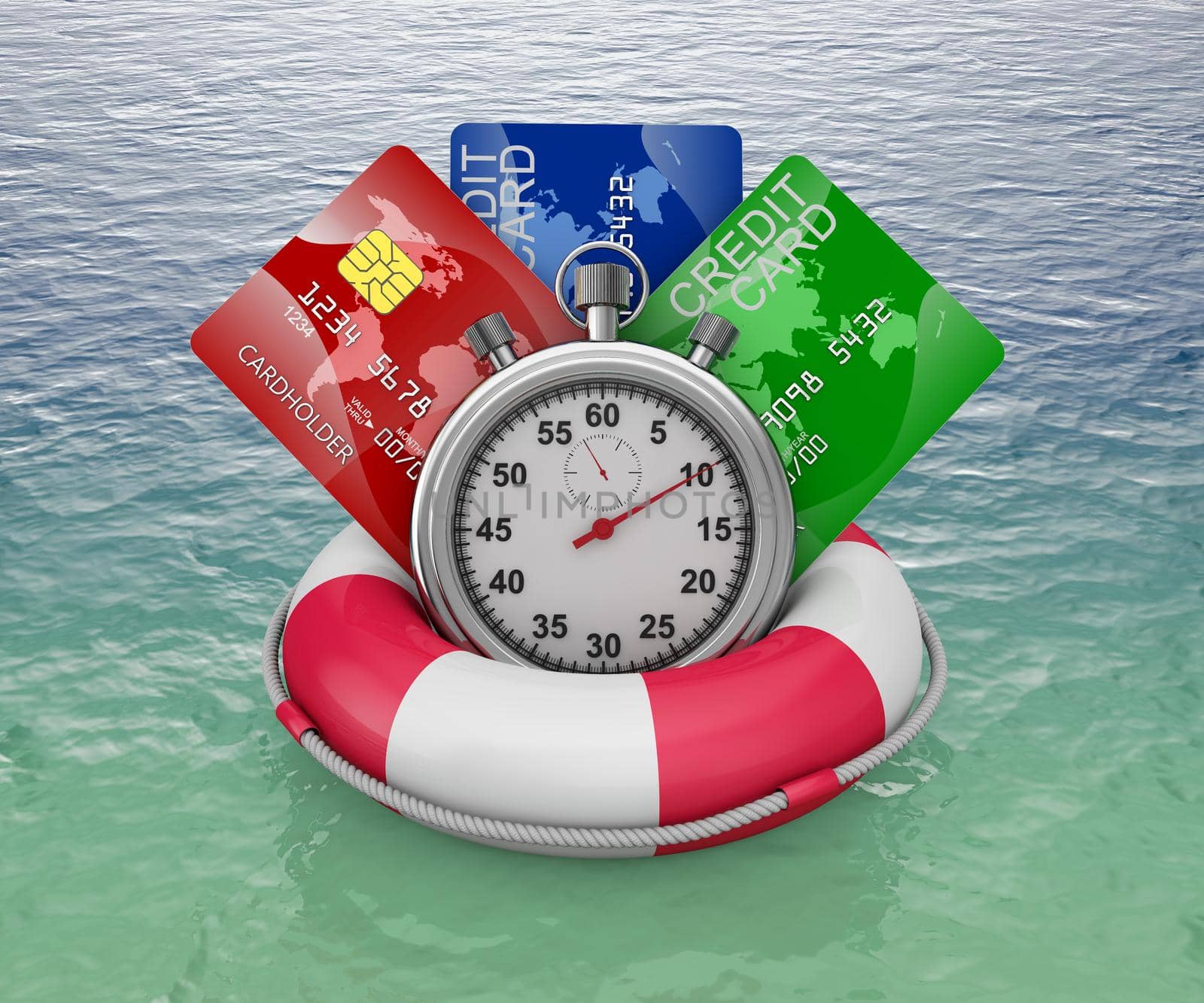 credit cards and stopwatch on a lifebouy