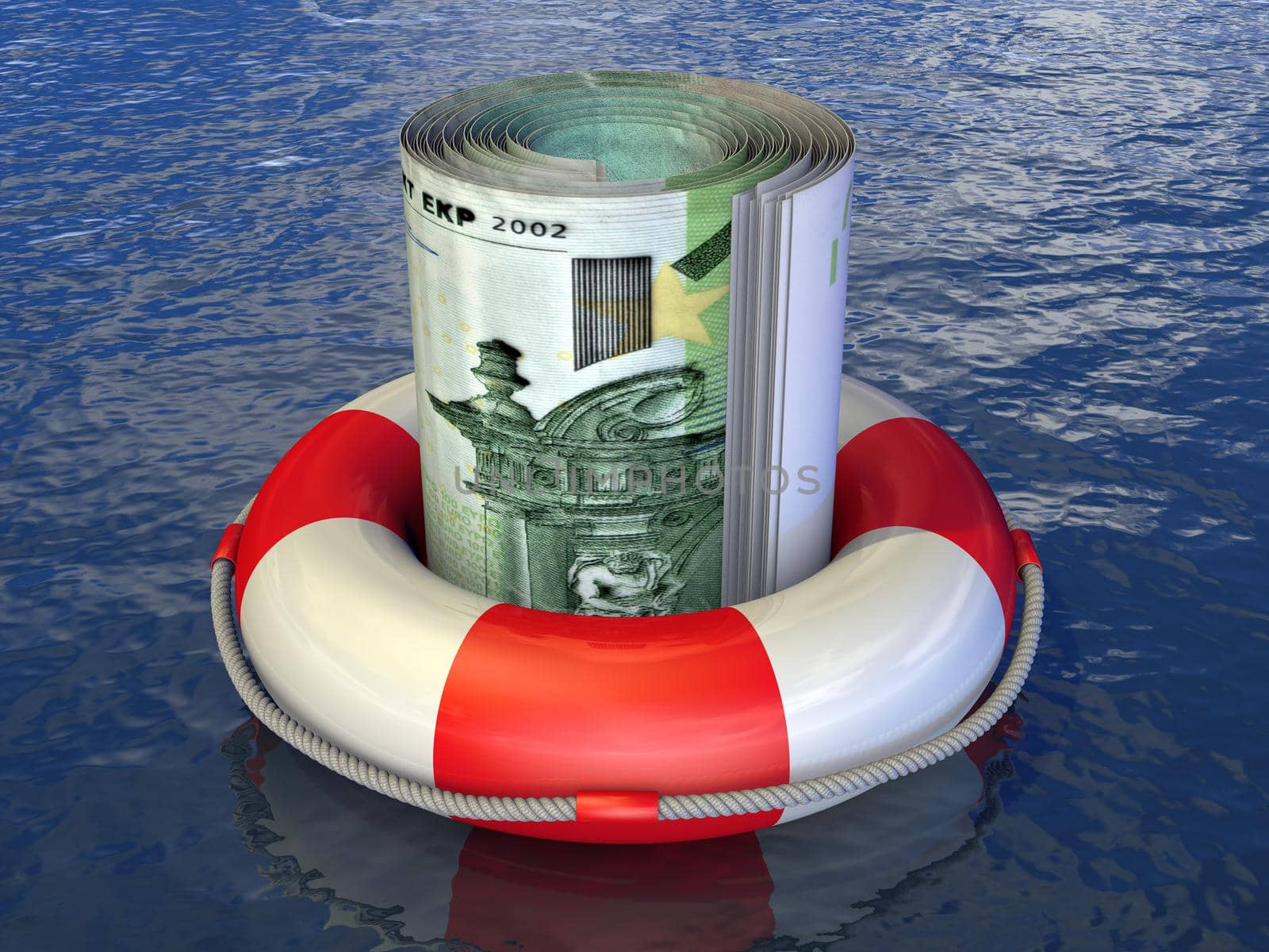 lifebuoy with twisted euro on the water, 3d rendering