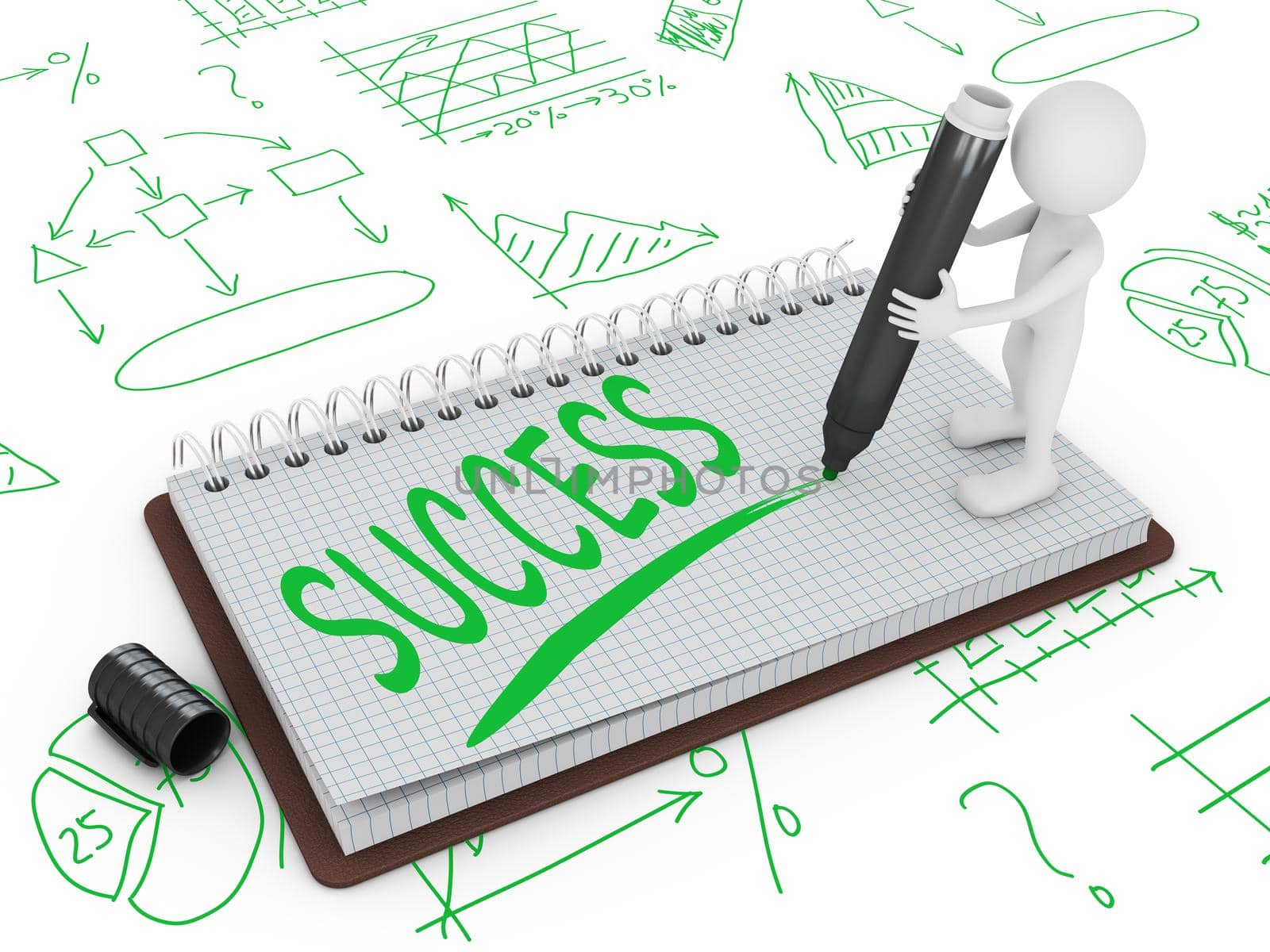 man on the notepad on the background of different infographics wrote word - success