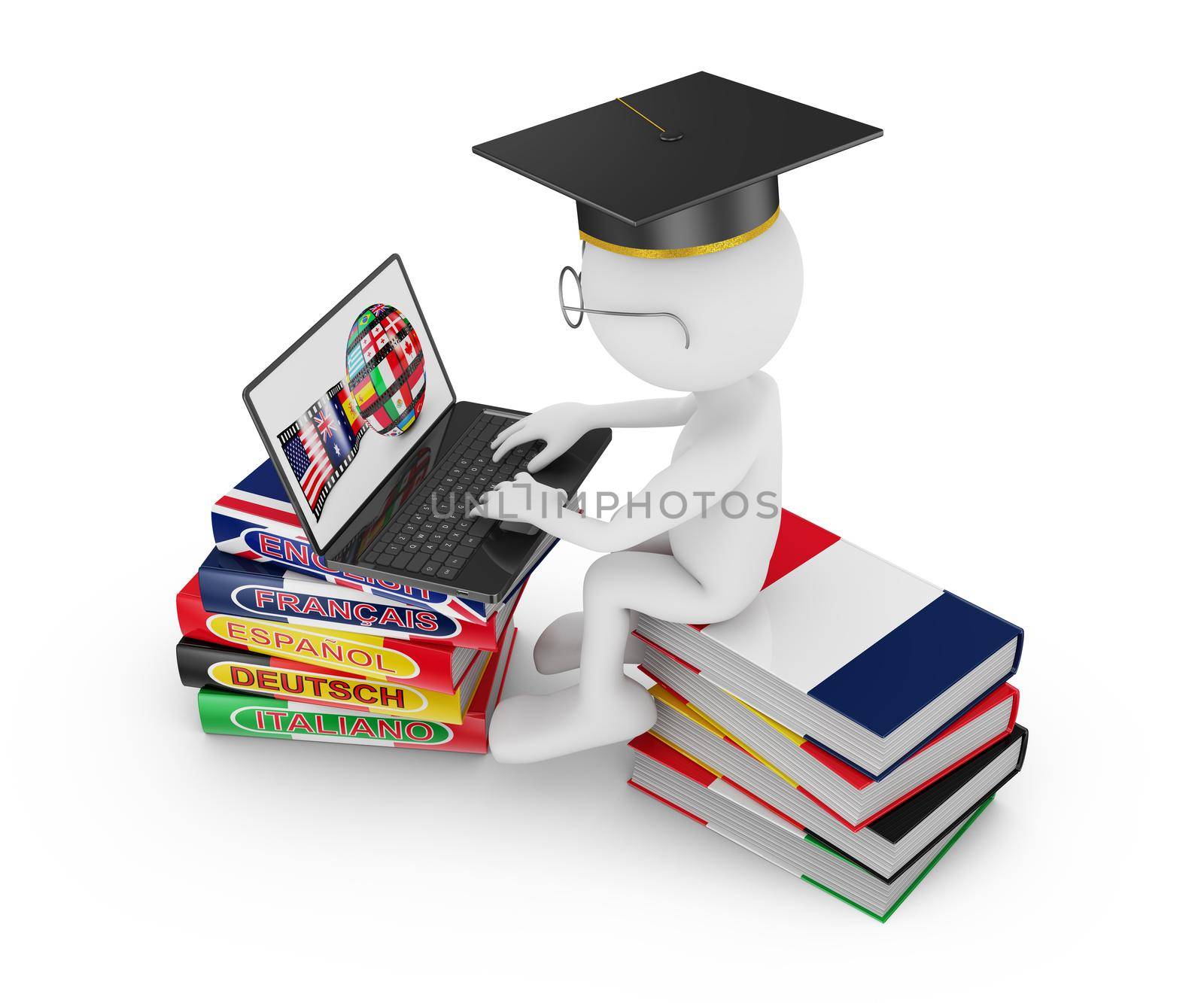 man with laptop sitting on a pile of books on learning of languages