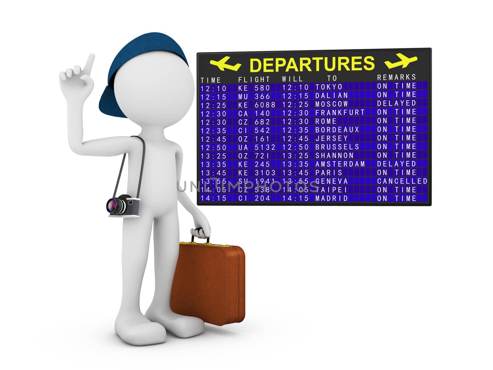 man with a suitcase and a camera on the background of departures board