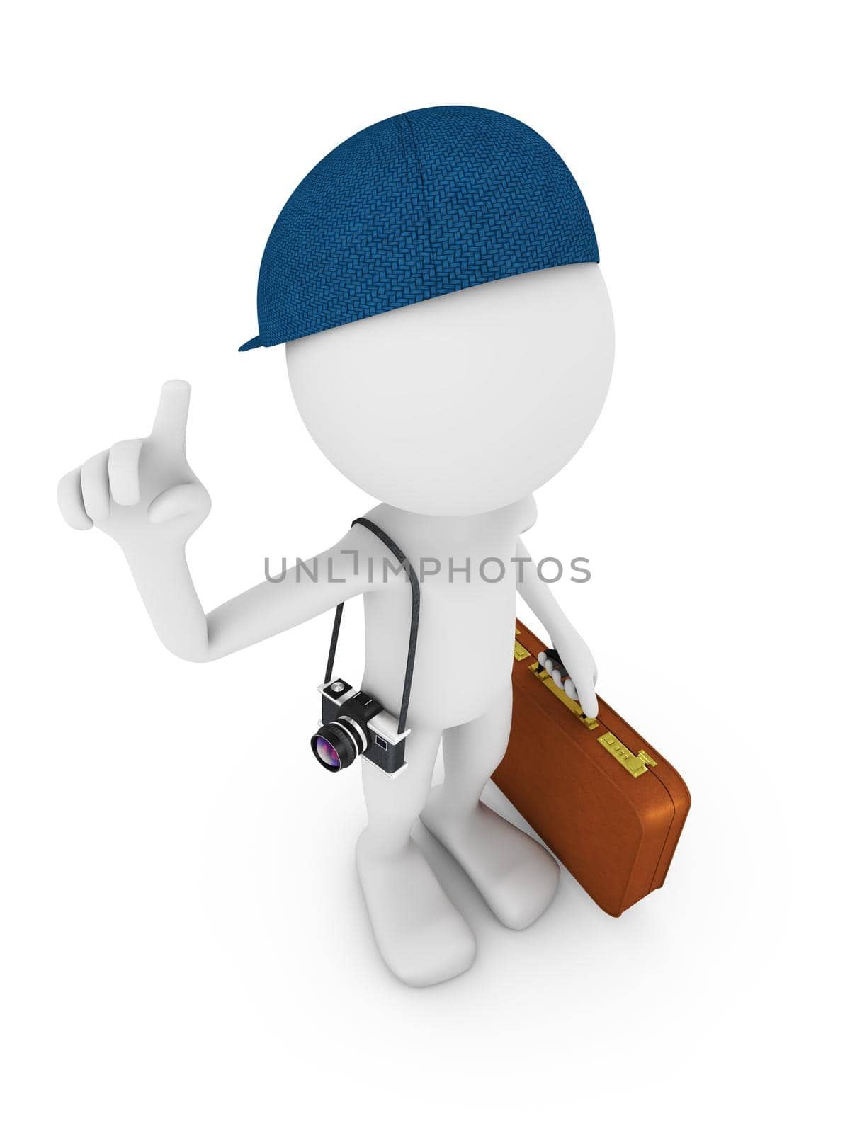 man with a suitcase and a camera on a white background