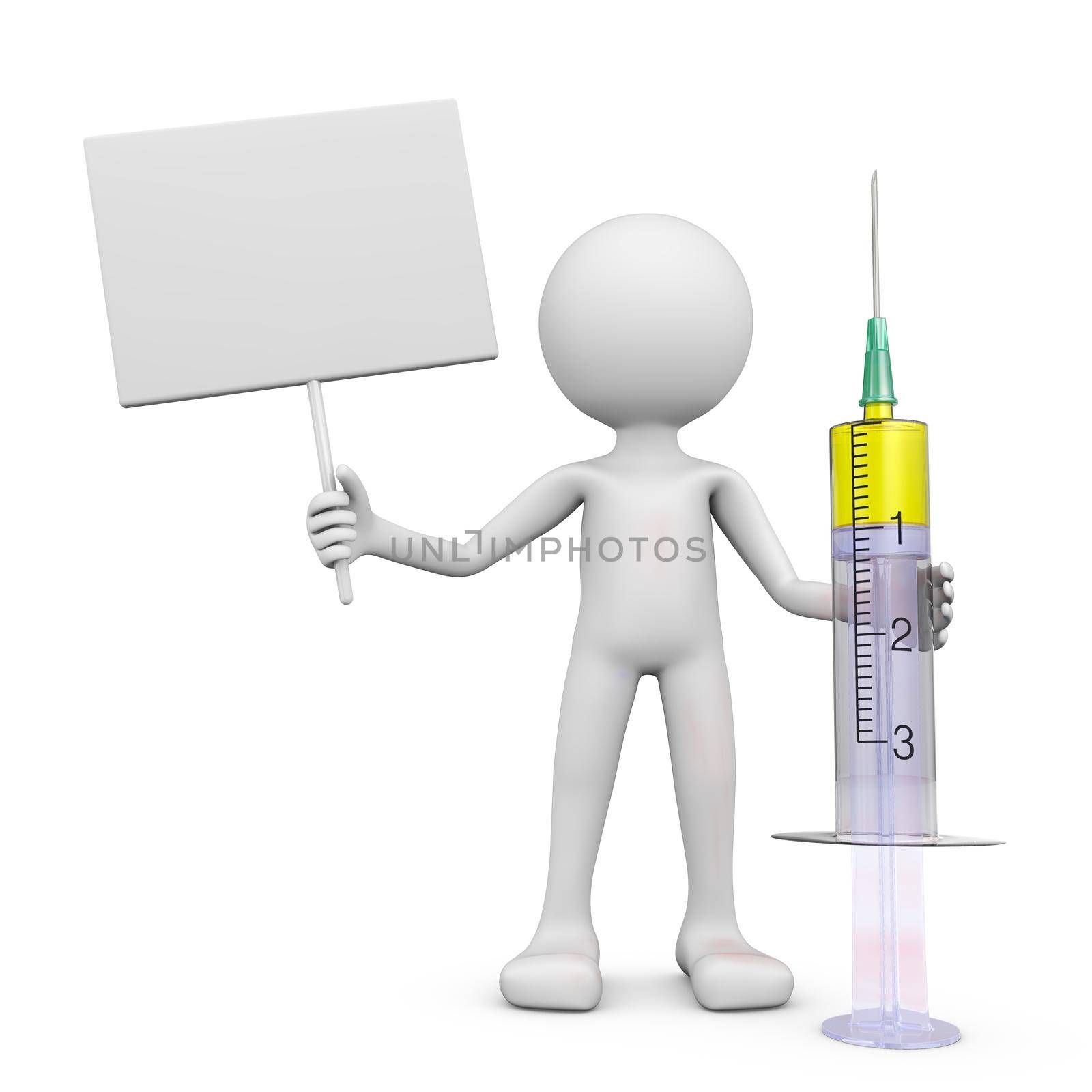 Man with a signboard and a syringe with medicine