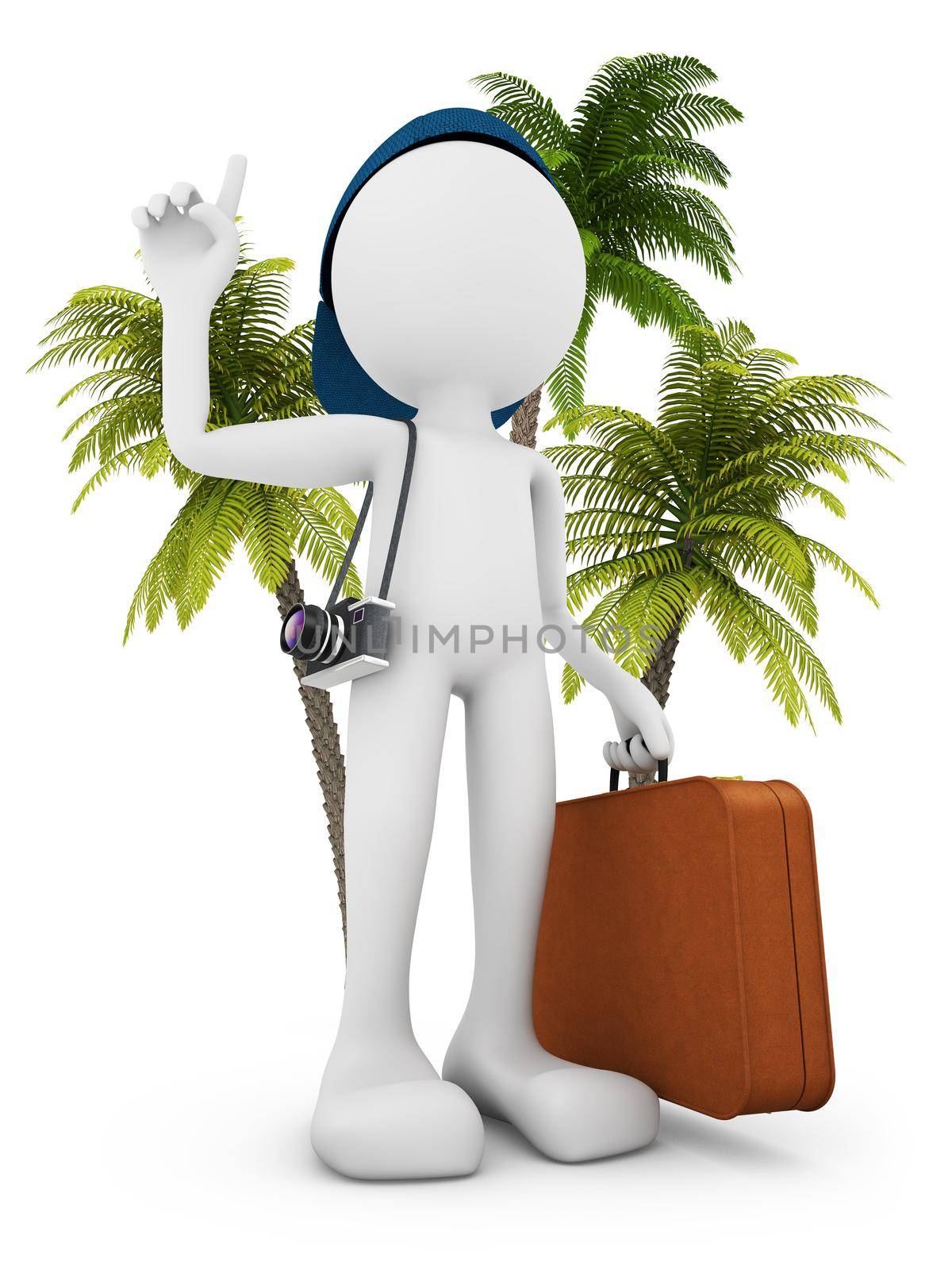 man with a suitcase and a camera on the background of palm trees