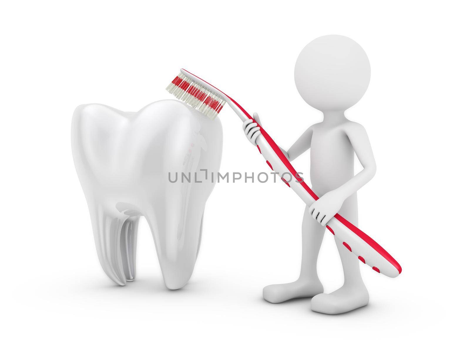 man with a toothbrush cleans tooth on a white background