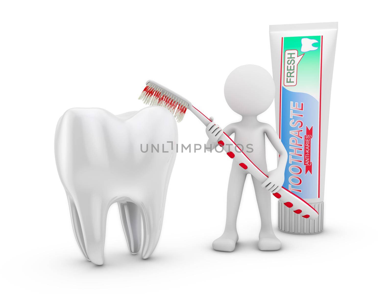 man with a toothbrush cleans tooth on a white background