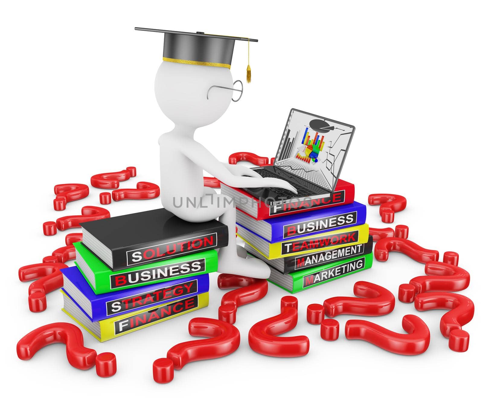 Man with laptop sitting on a stack of books on the study of business and scattered around the question marks.