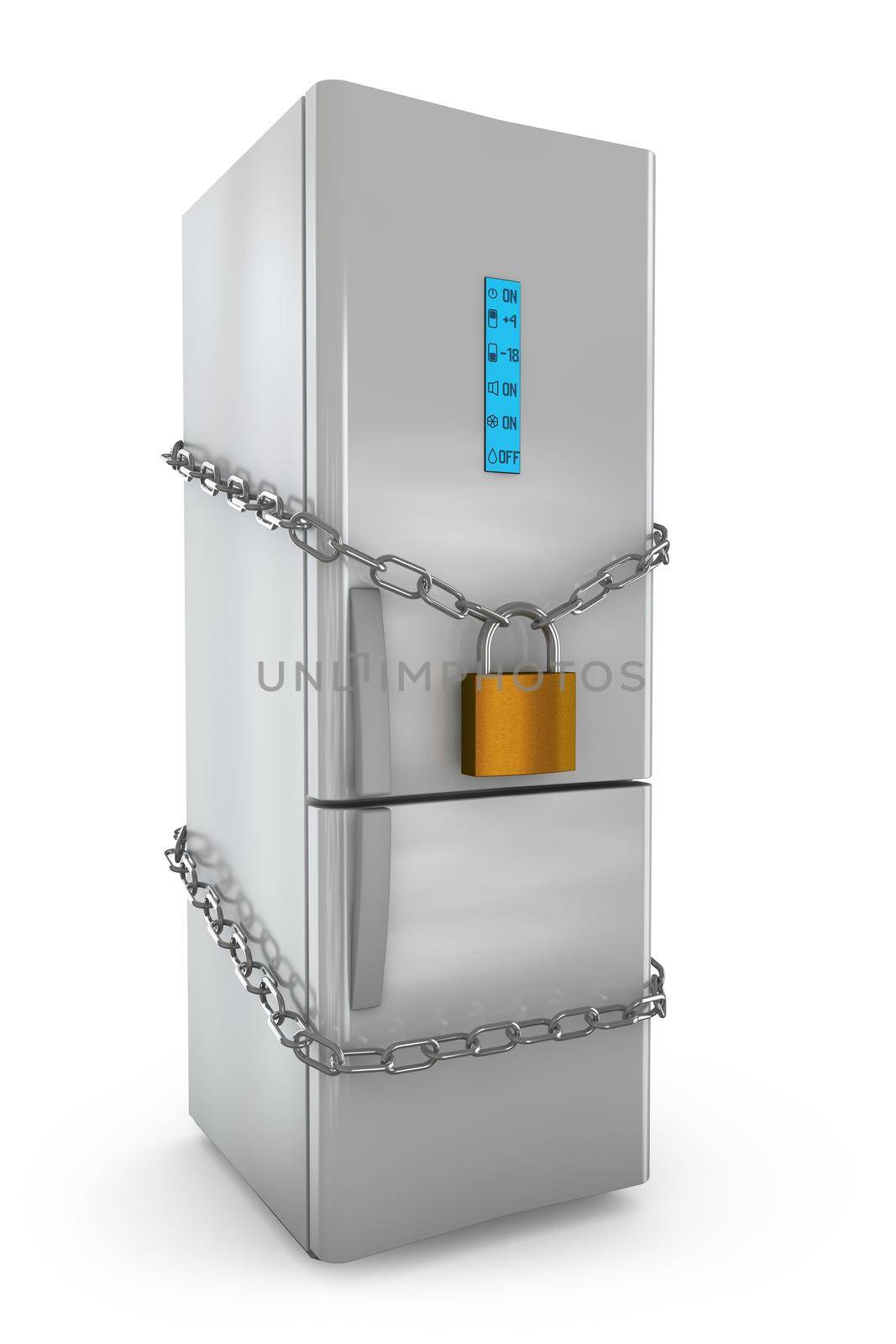 refrigerator with a lock and chain on white background