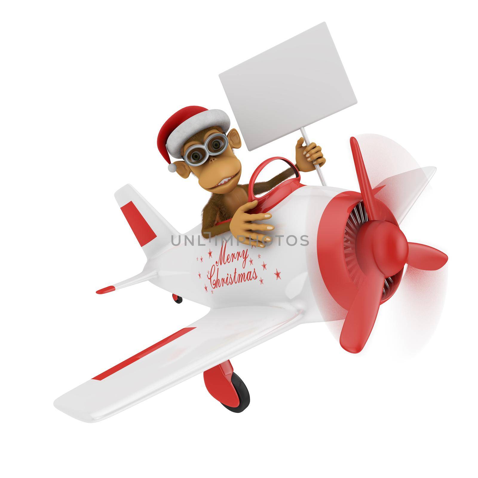 monkey with a Santa hat on his head in an airplane with the inscription Merry Christmas