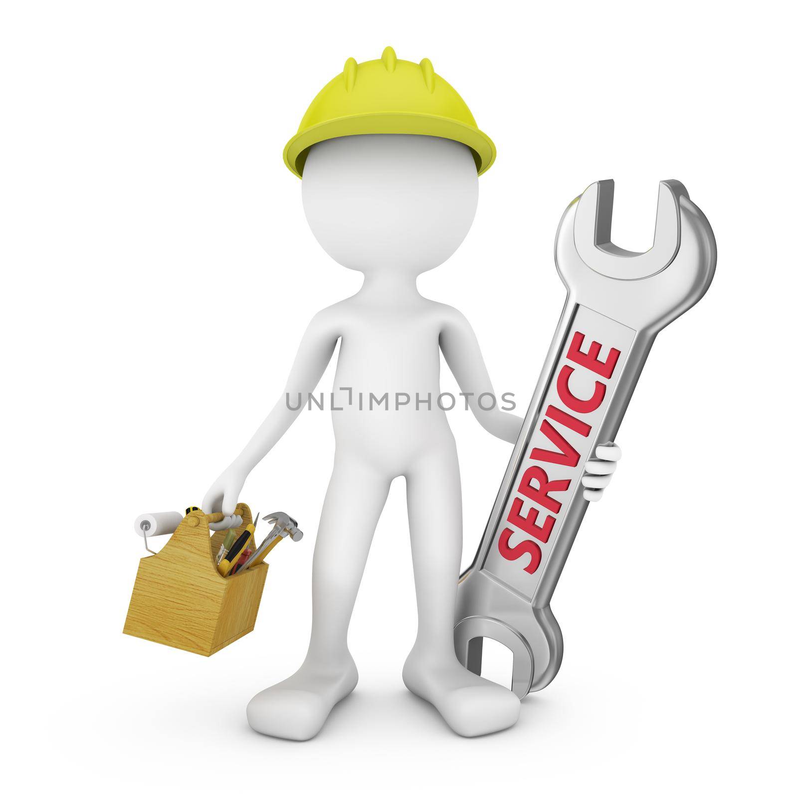 man with box of tools and wrench with an inscription service
