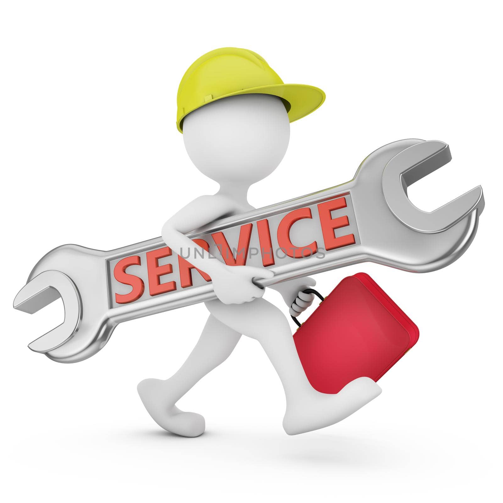man in a hardhat holding a red suitcase and a huge wrench with an inscription - Service
