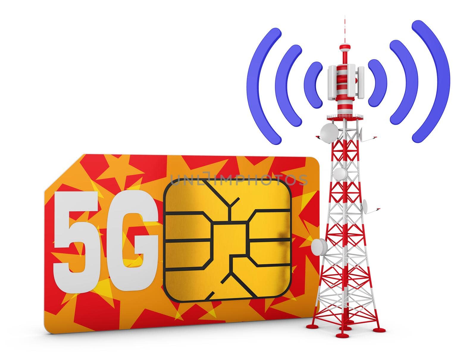 Sim card with the inscription 5G and telecommunication tower with signal.