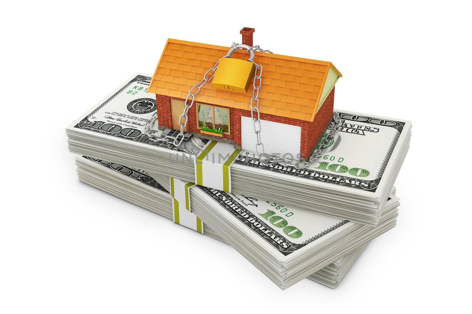 small house coiled chain with a lock on dollar bills