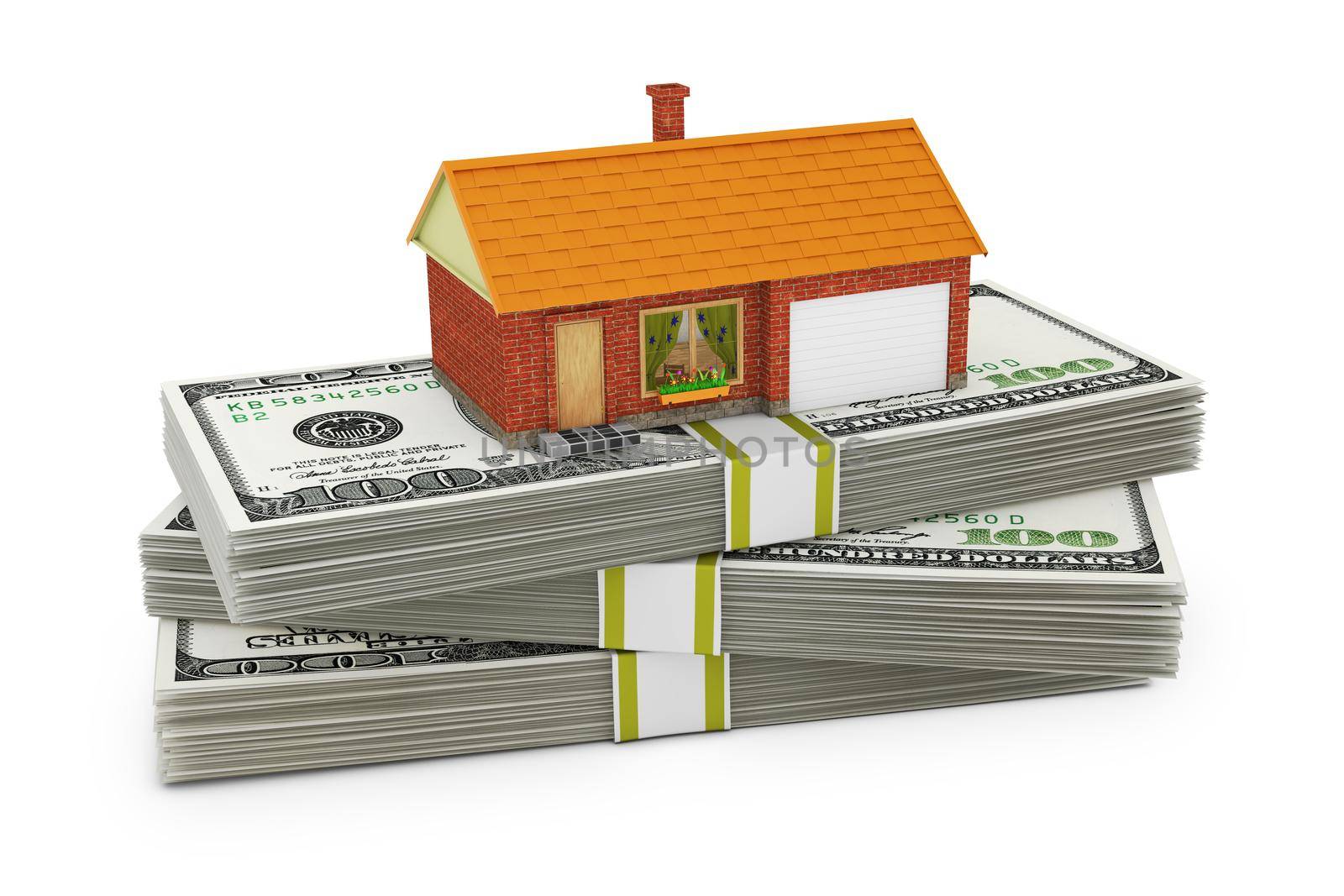 small house and dollar bills on a white background