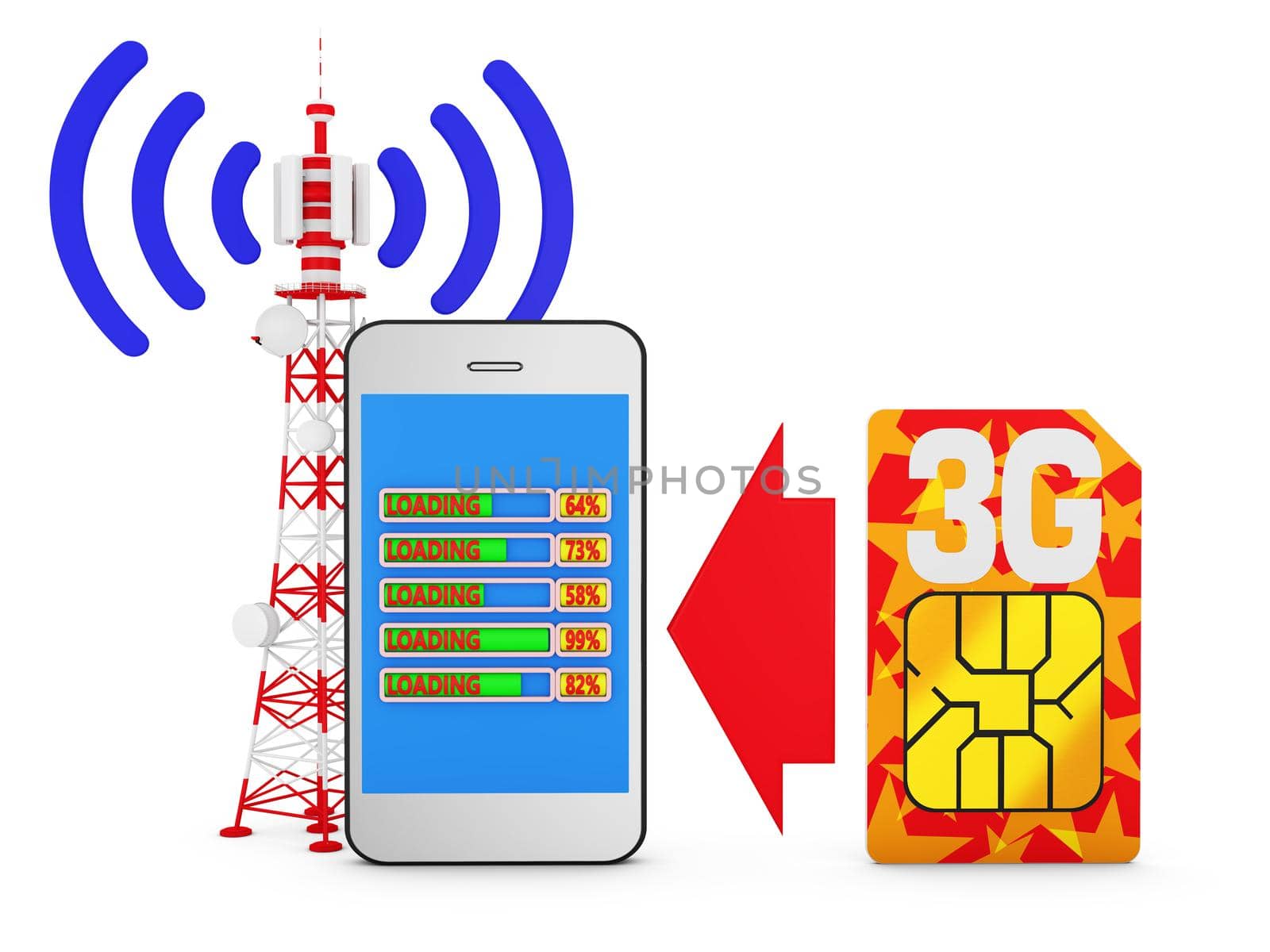 Smartphone with bar download, sim card with the inscription 3G and telecommunications tower signal.