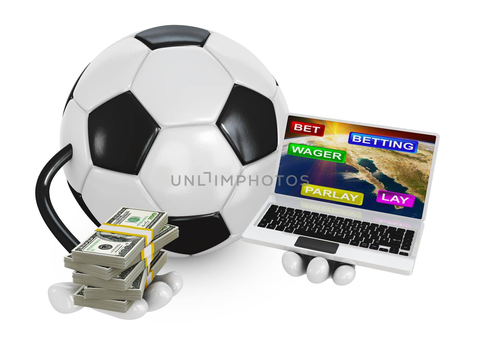 soccer ball holds the a pack of dollars and laptop