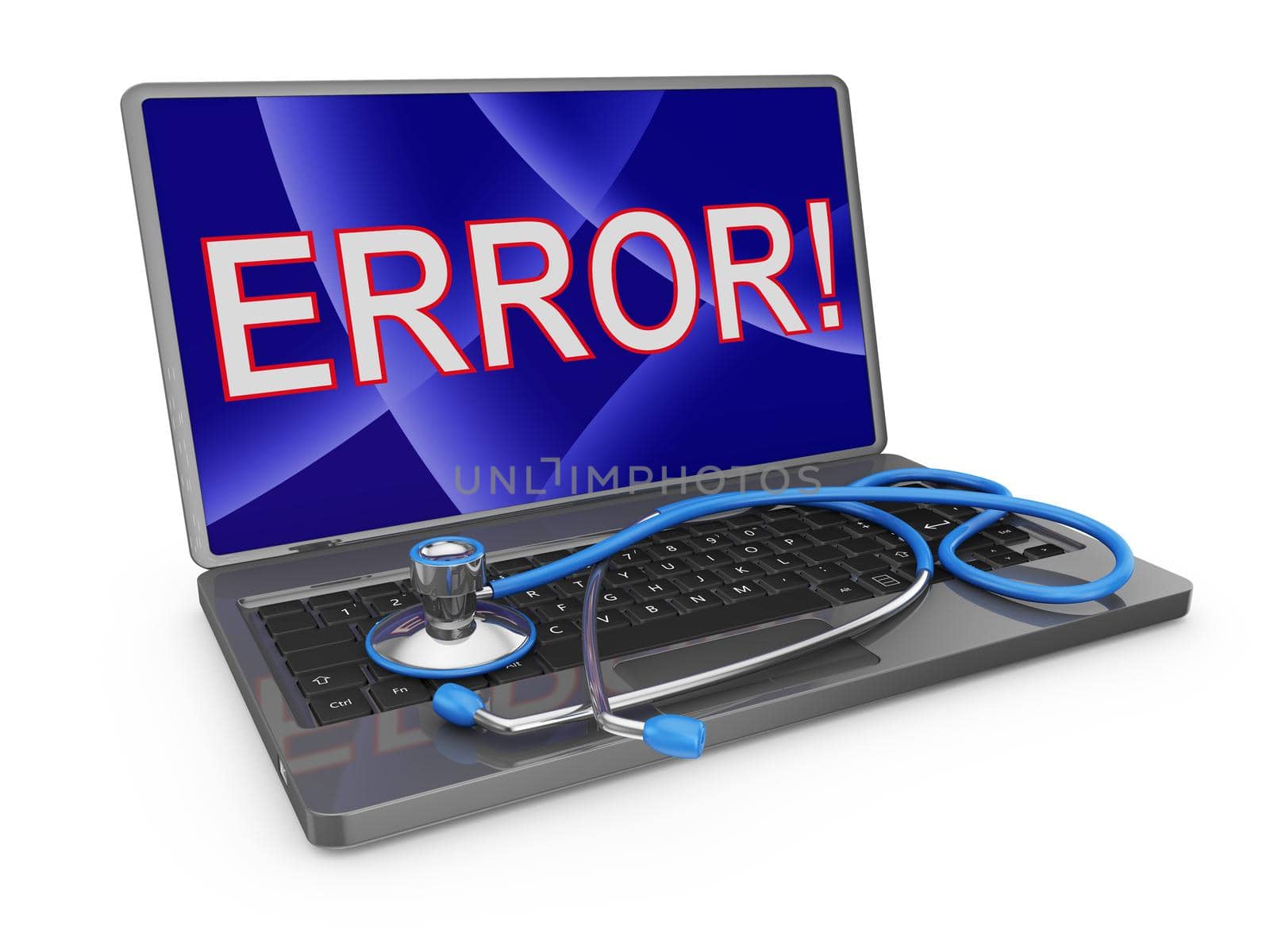 Medical stethoscope on a laptop computer, 3D rendering