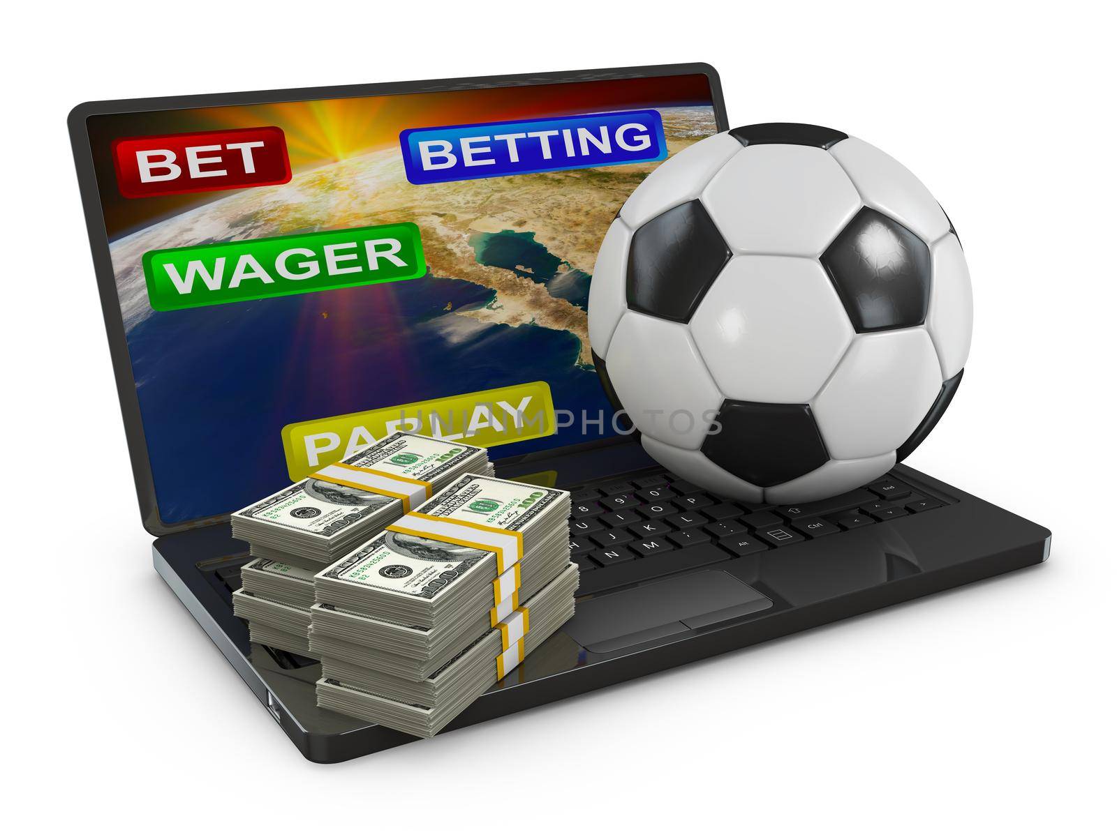packs of dollars and a soccer ball on a laptop