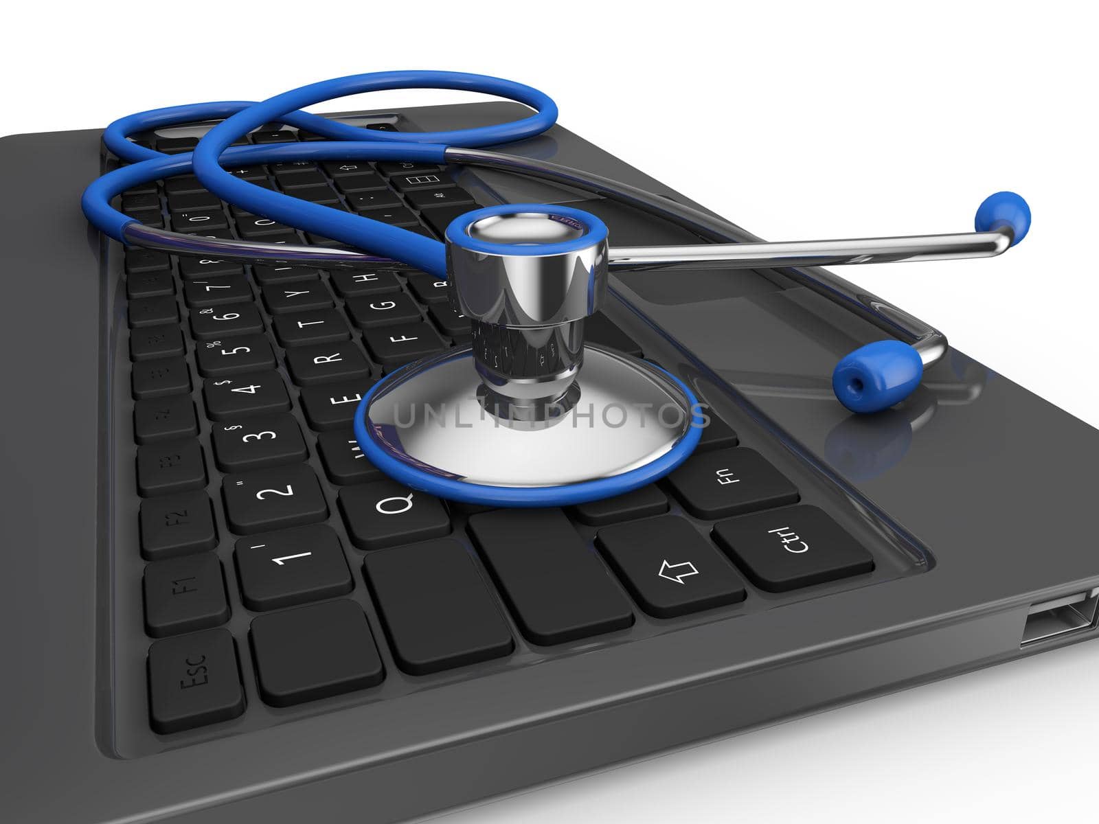 Medical stethoscope on a laptop computer, 3D rendering