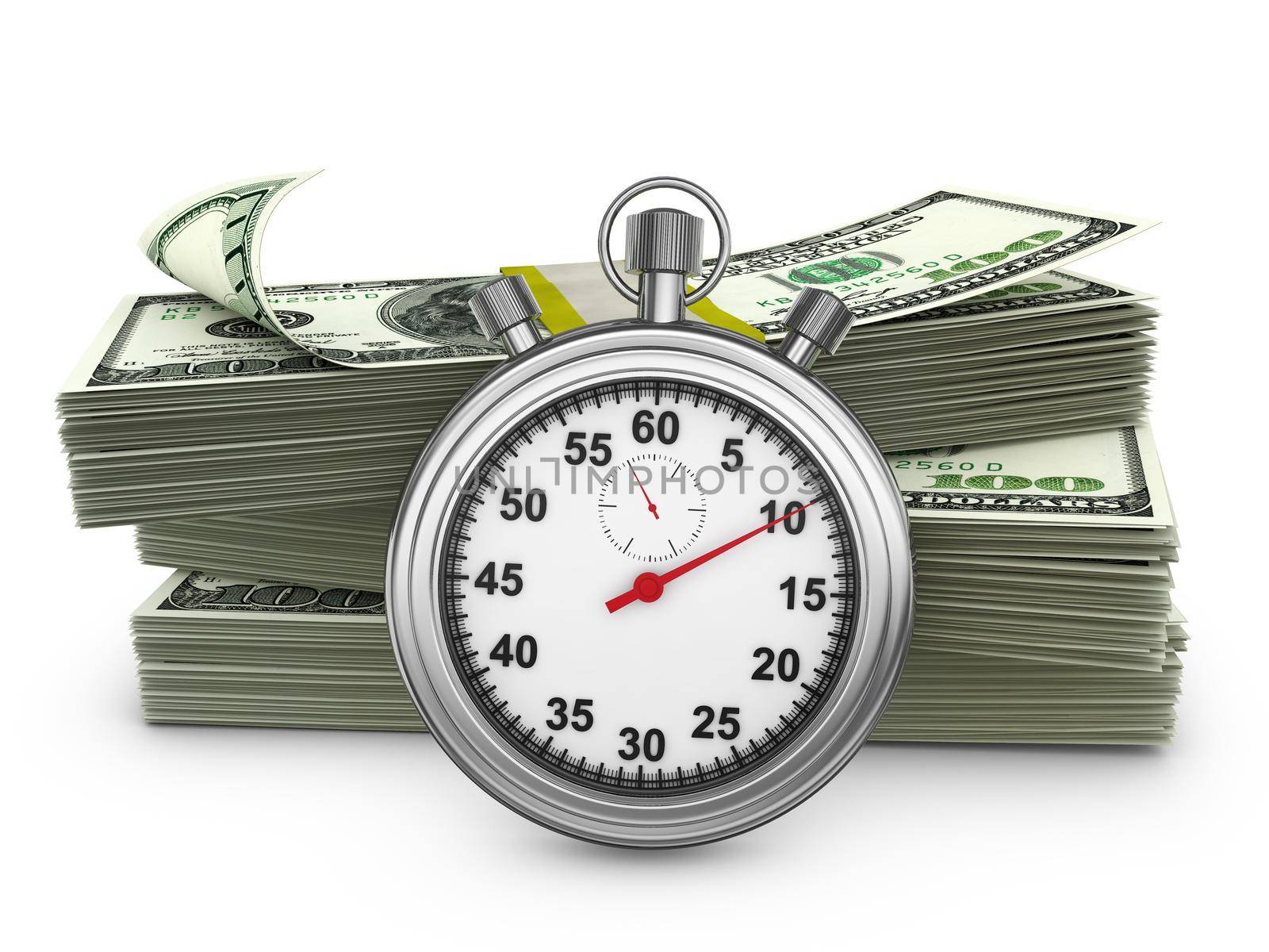 a stopwatch and pack of dollar banknotes