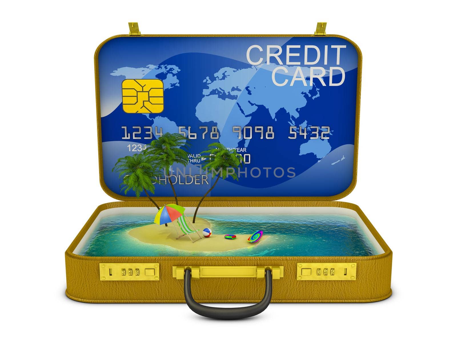 suitcase in which the inside of a credit card and a tropical island