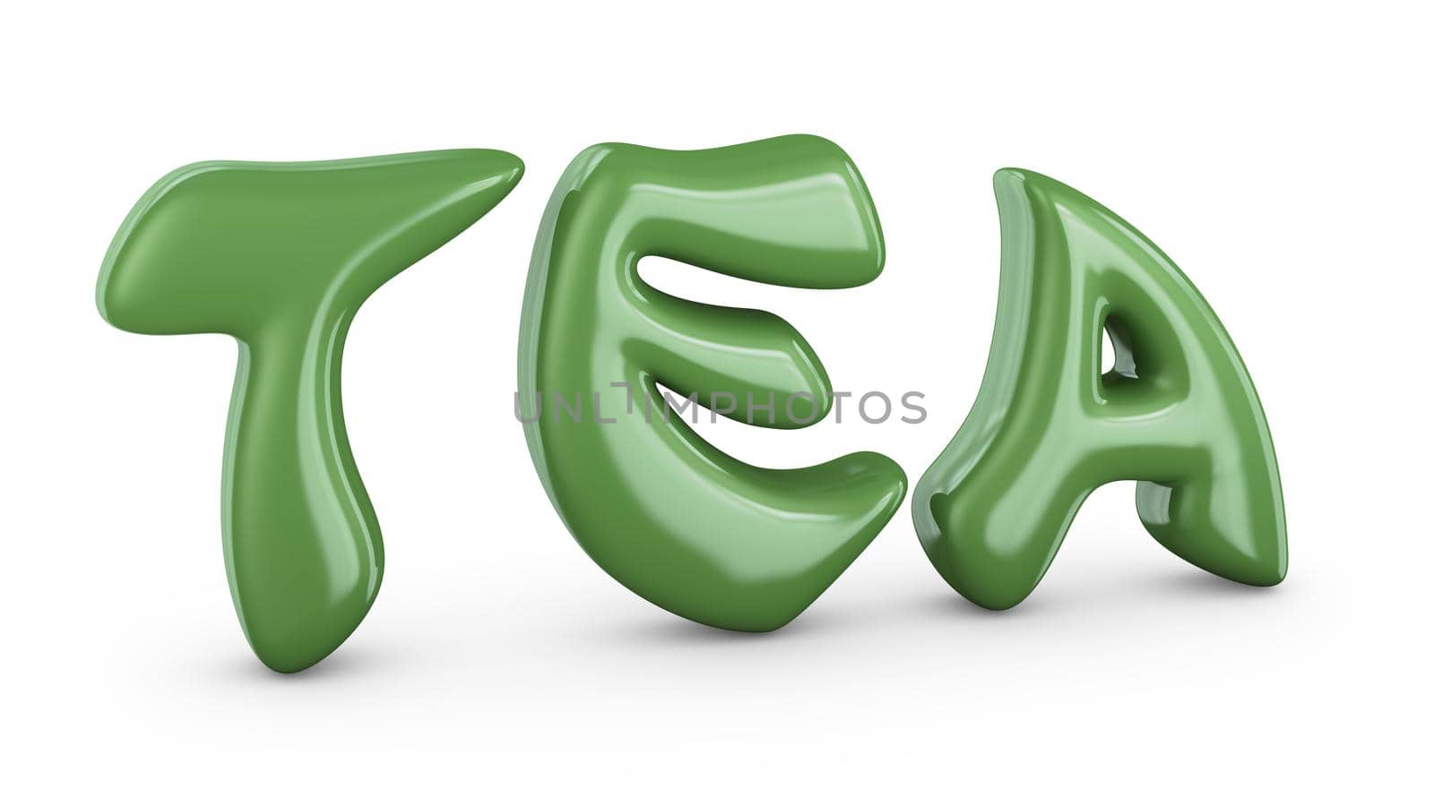 Tea - volumetric green sign on a white background, 3d render.
