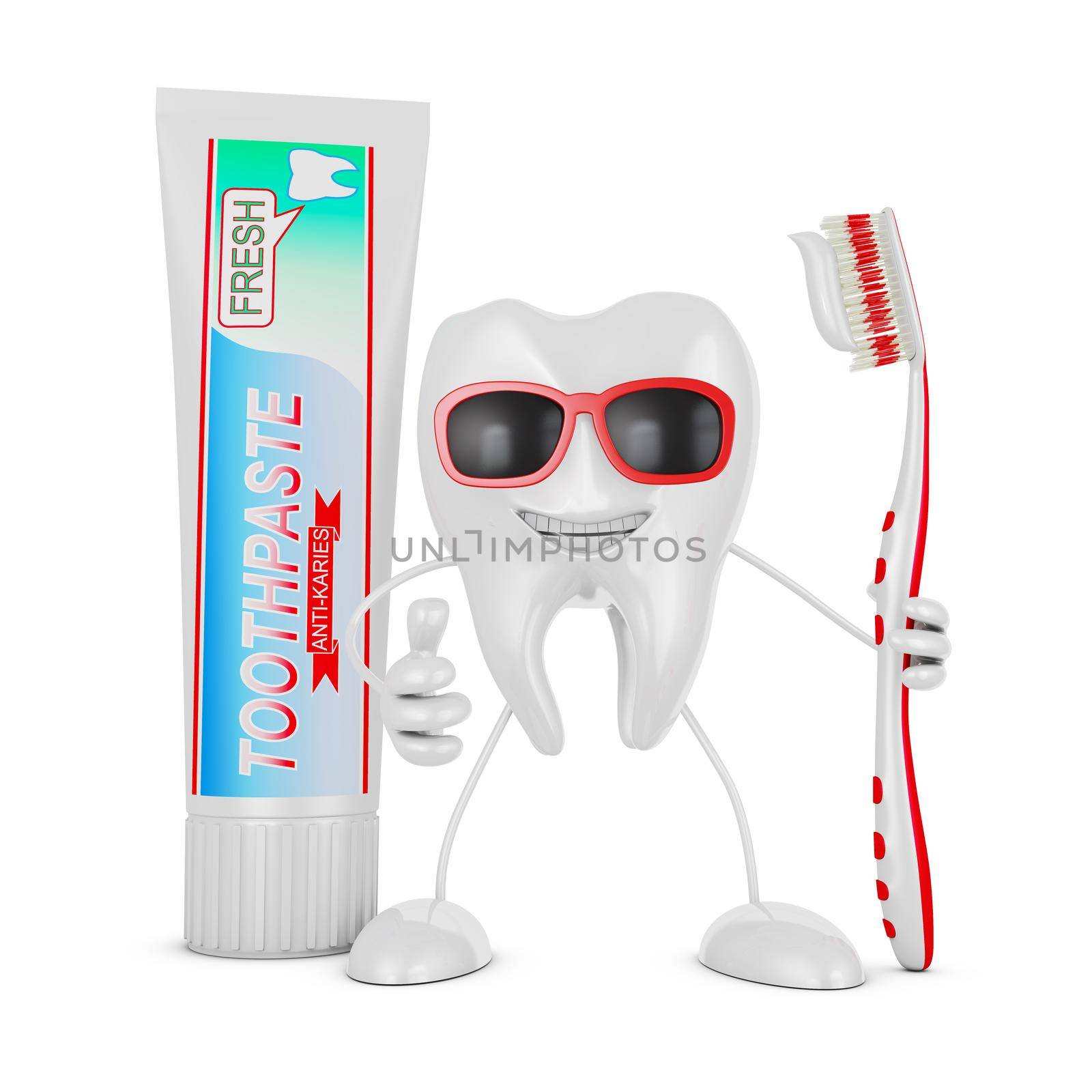 Smiling tooth with glasses holding a toothbrush near the a tube of toothpaste.