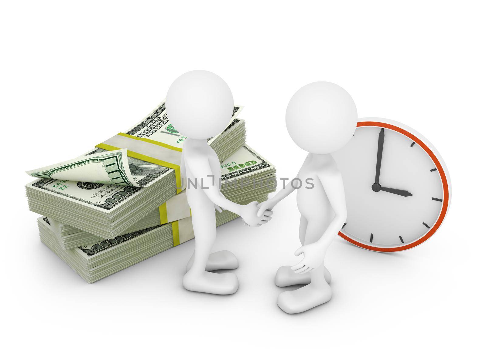 two man on background packs of dollars and clock