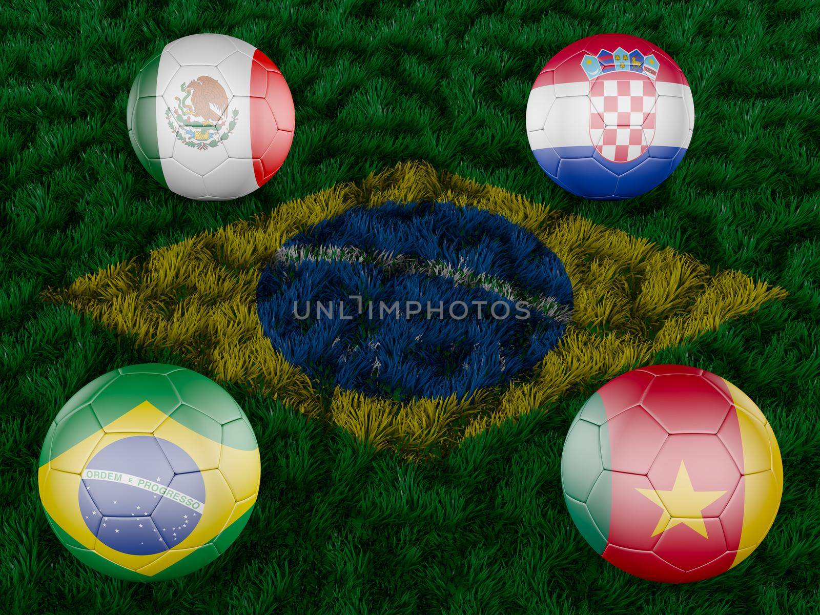 four balls on the grass with the image of the flag of Brazil